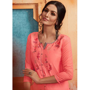 Ethnic Pink Colored Partywear Embroidered Pure Muslin-Silk Kurti-Palazzo Set - Peachmode