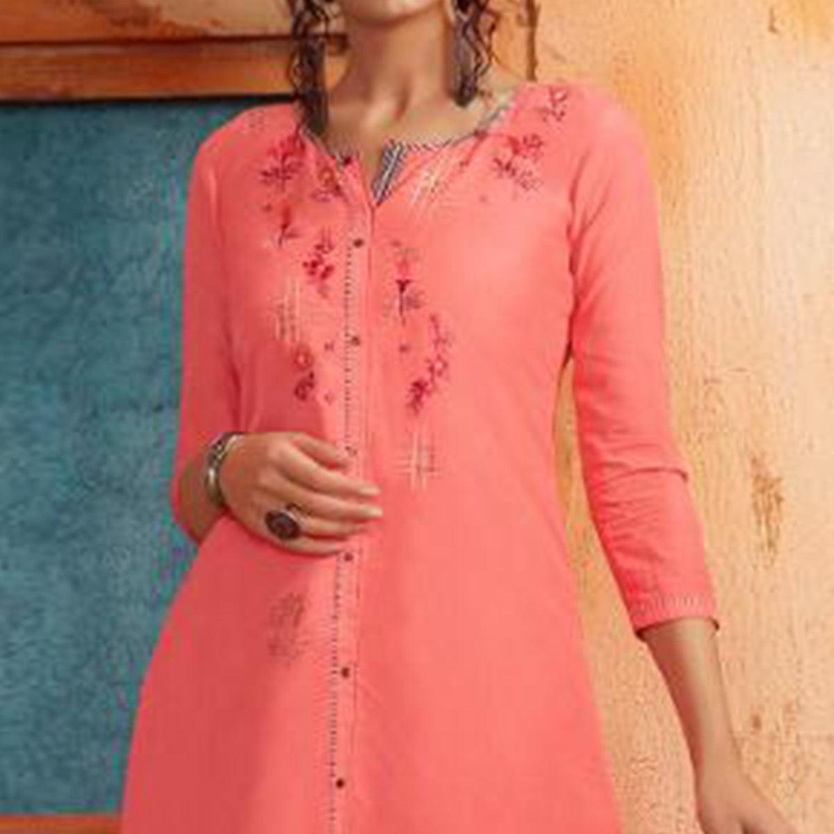 Ethnic Pink Colored Partywear Embroidered Pure Muslin-Silk Kurti-Palazzo Set - Peachmode
