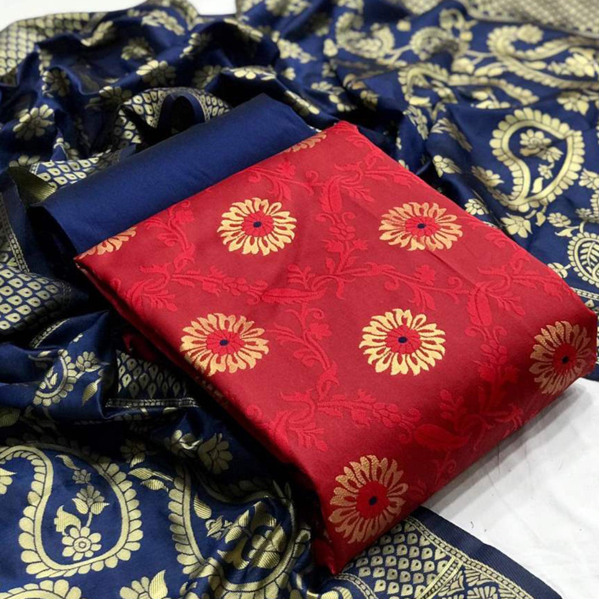 Ethnic Red Colored Casual Wear Banarasi Silk Dress Material - Peachmode
