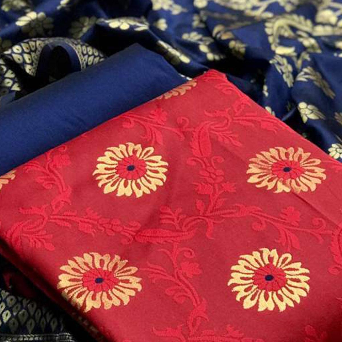 Ethnic Red Colored Casual Wear Banarasi Silk Dress Material - Peachmode