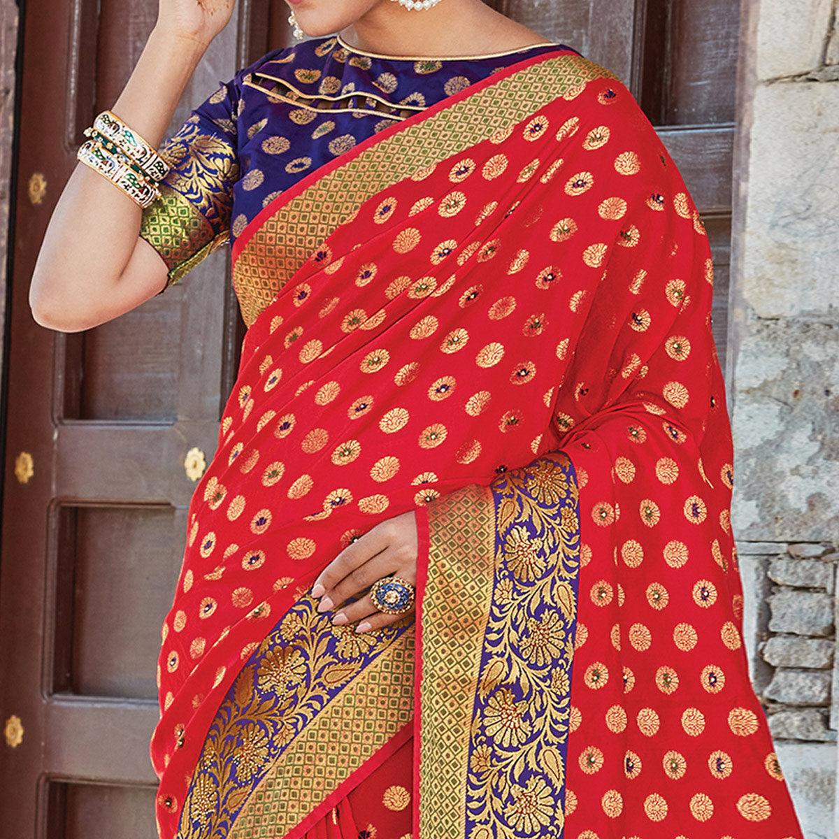Ethnic Red Colored Festive Wear Woven Handloom Silk Sareee - Peachmode