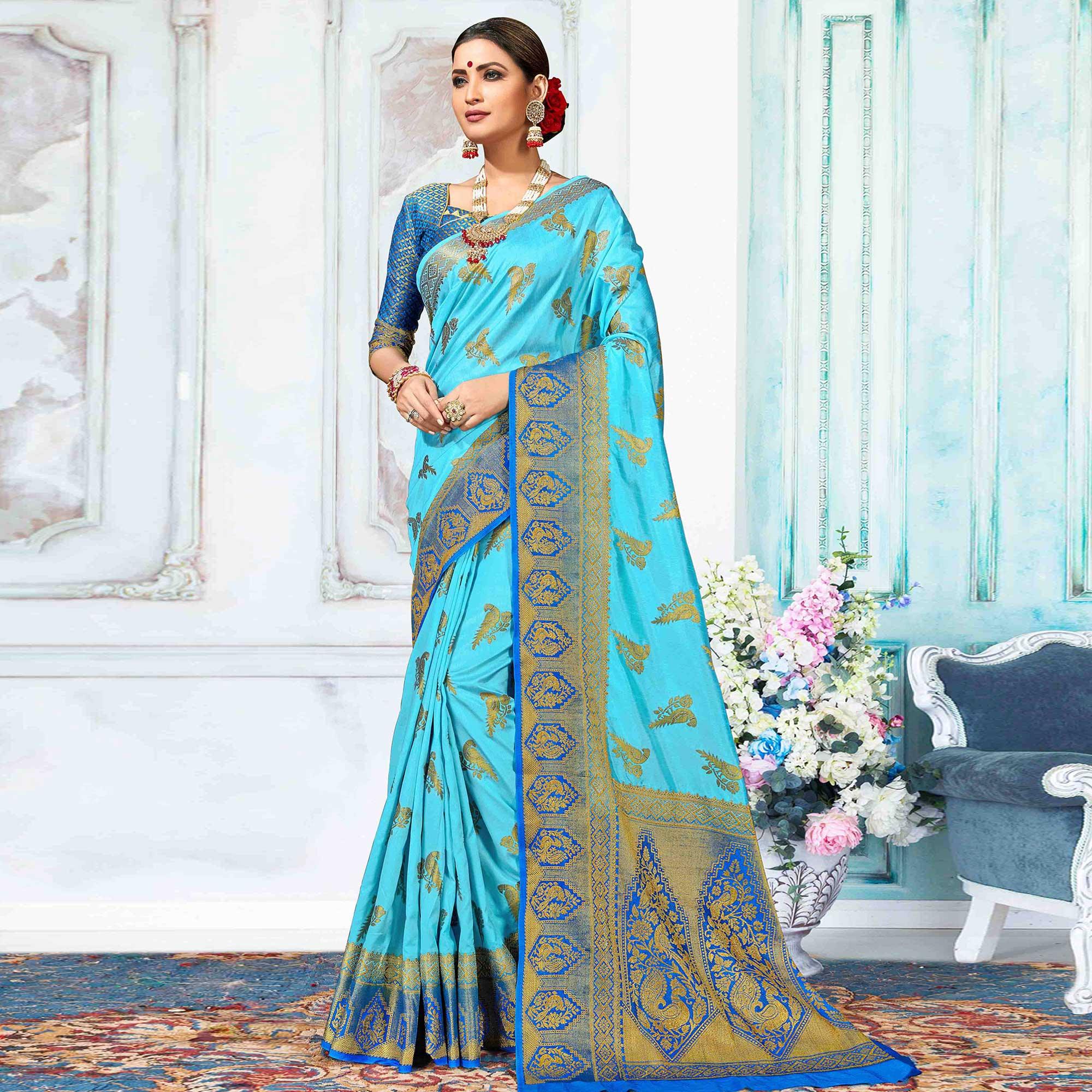 Ethnic Sky Blue Colored Festive Wear Woven Nylon Silk Saree - Peachmode