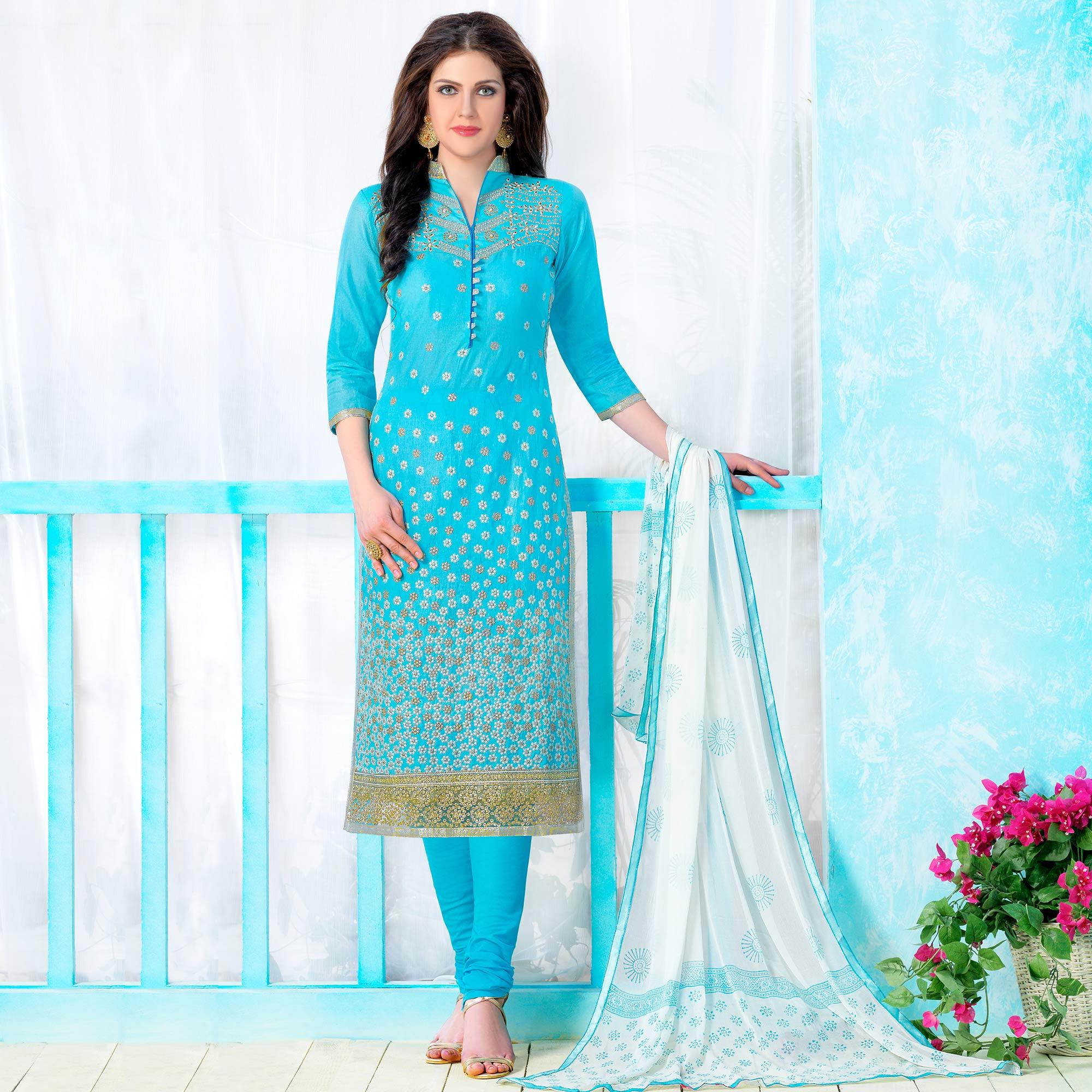 Ethnic Sky Blue Colored Party Wear Embroidered Cotton Dress Material - Peachmode