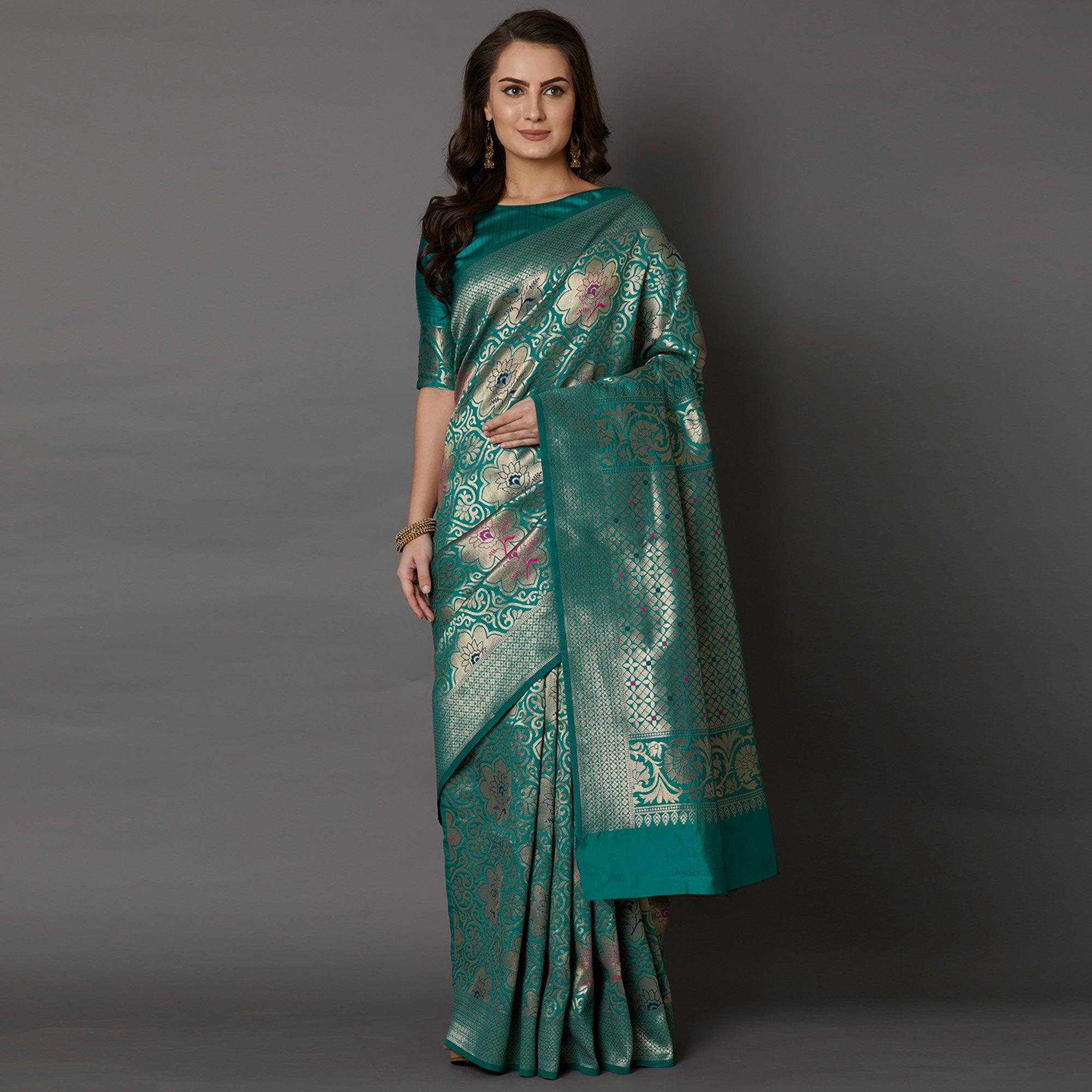 Ethnic Teal Green Colored Festive Wear Woven Silk Saree - Peachmode