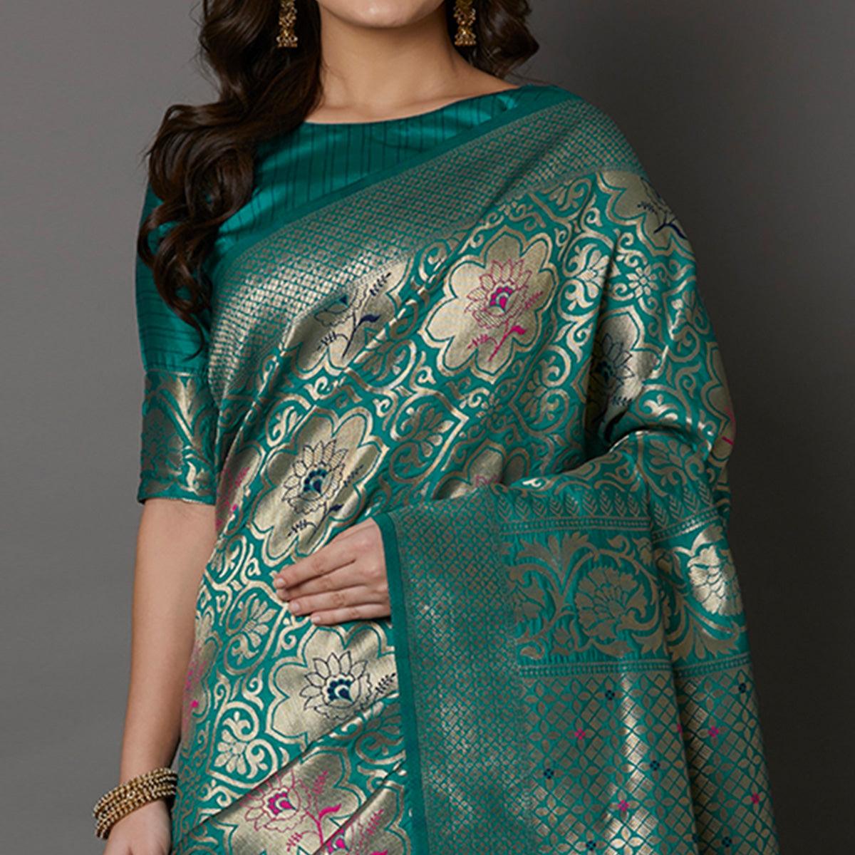 Ethnic Teal Green Colored Festive Wear Woven Silk Saree - Peachmode