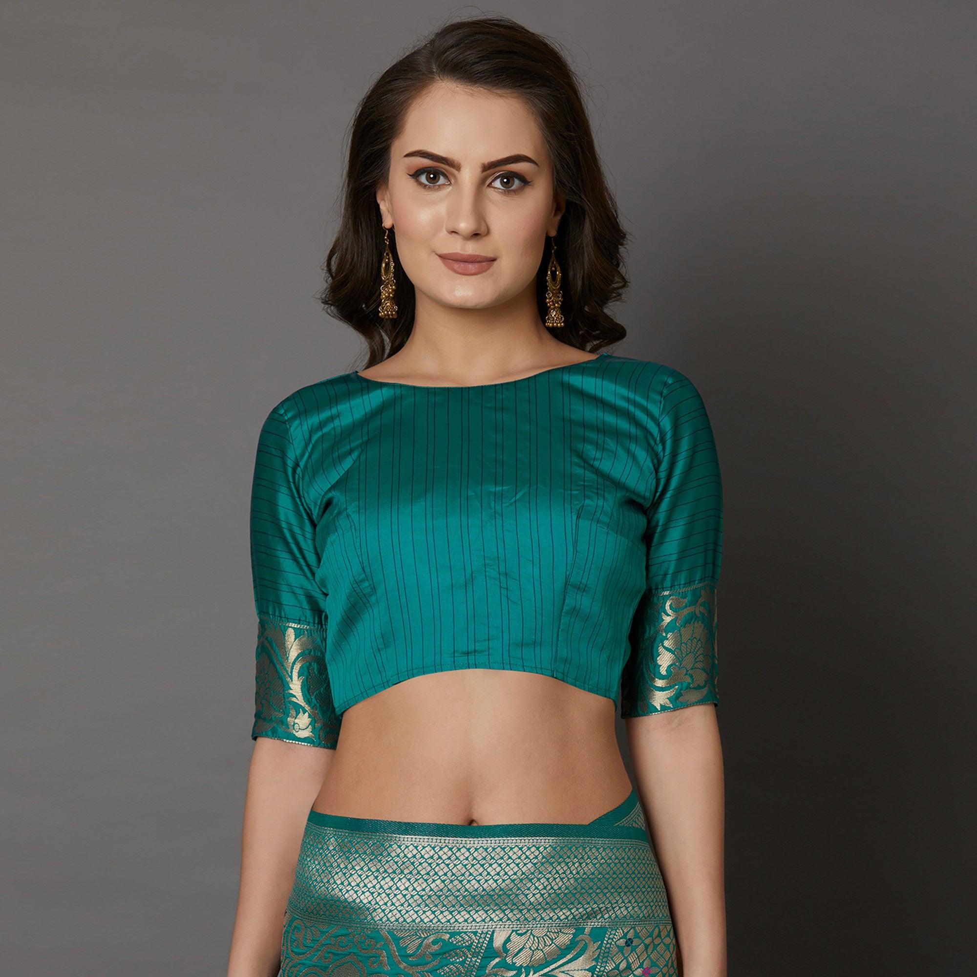Ethnic Teal Green Colored Festive Wear Woven Silk Saree - Peachmode