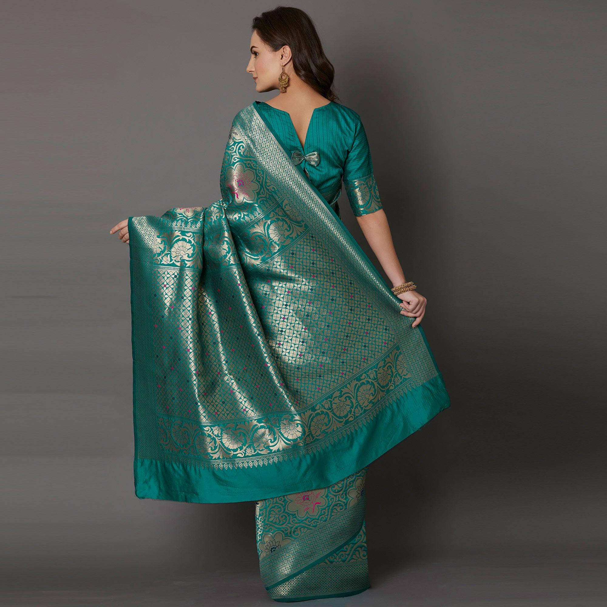 Ethnic Teal Green Colored Festive Wear Woven Silk Saree - Peachmode