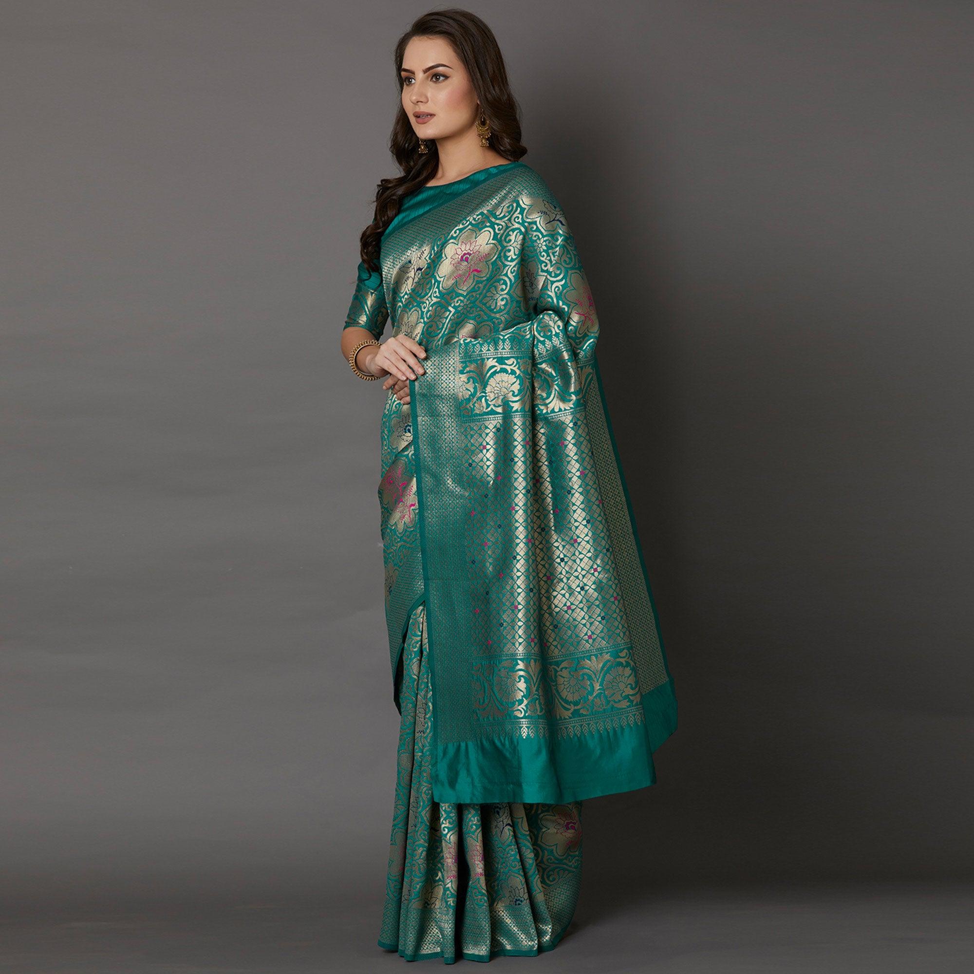 Ethnic Teal Green Colored Festive Wear Woven Silk Saree - Peachmode