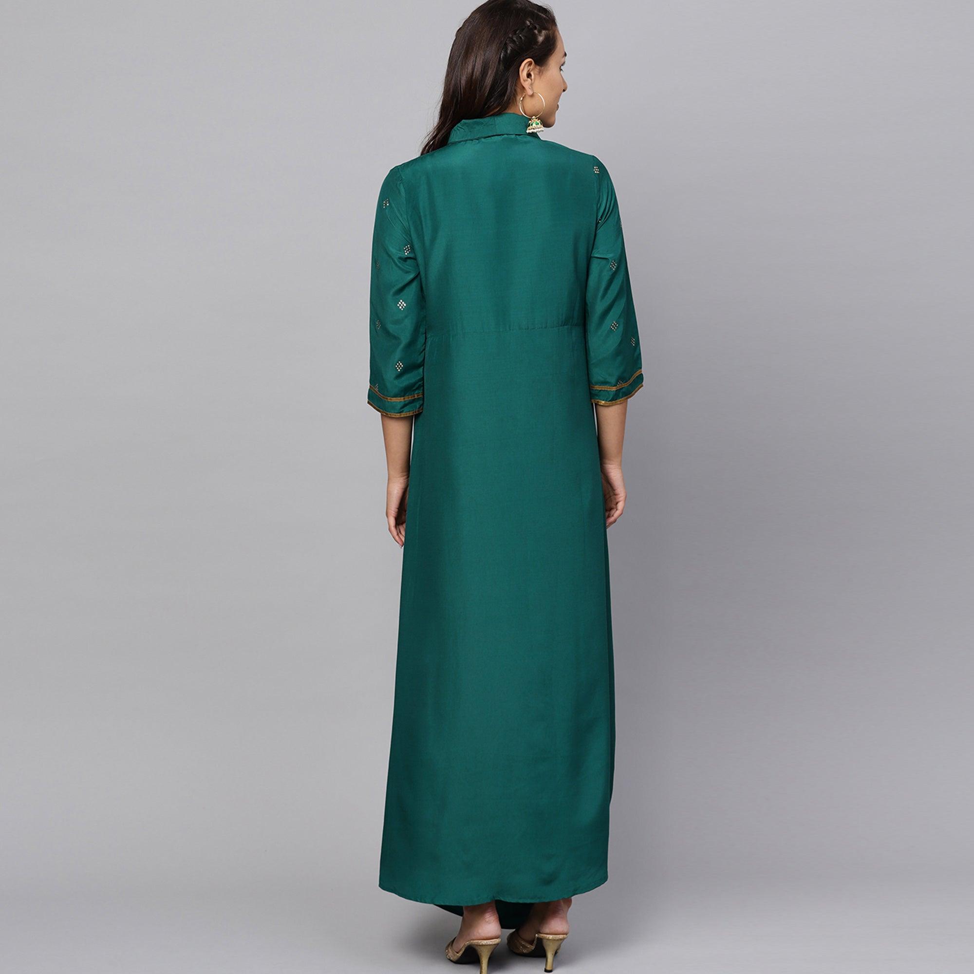 Ethnic Teal Green Colored Partywear Cotton kurti - Peachmode