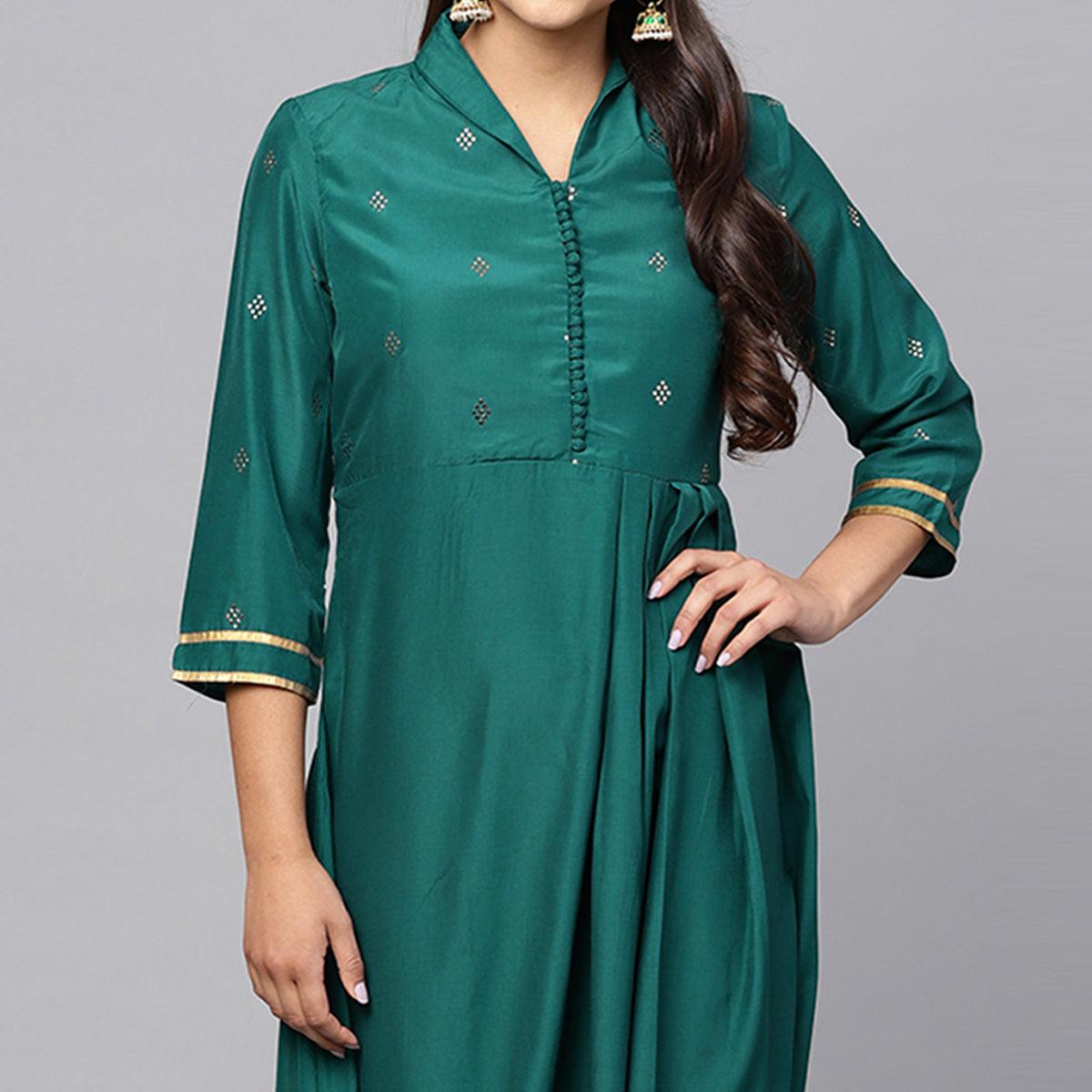 Ethnic Teal Green Colored Partywear Cotton kurti - Peachmode