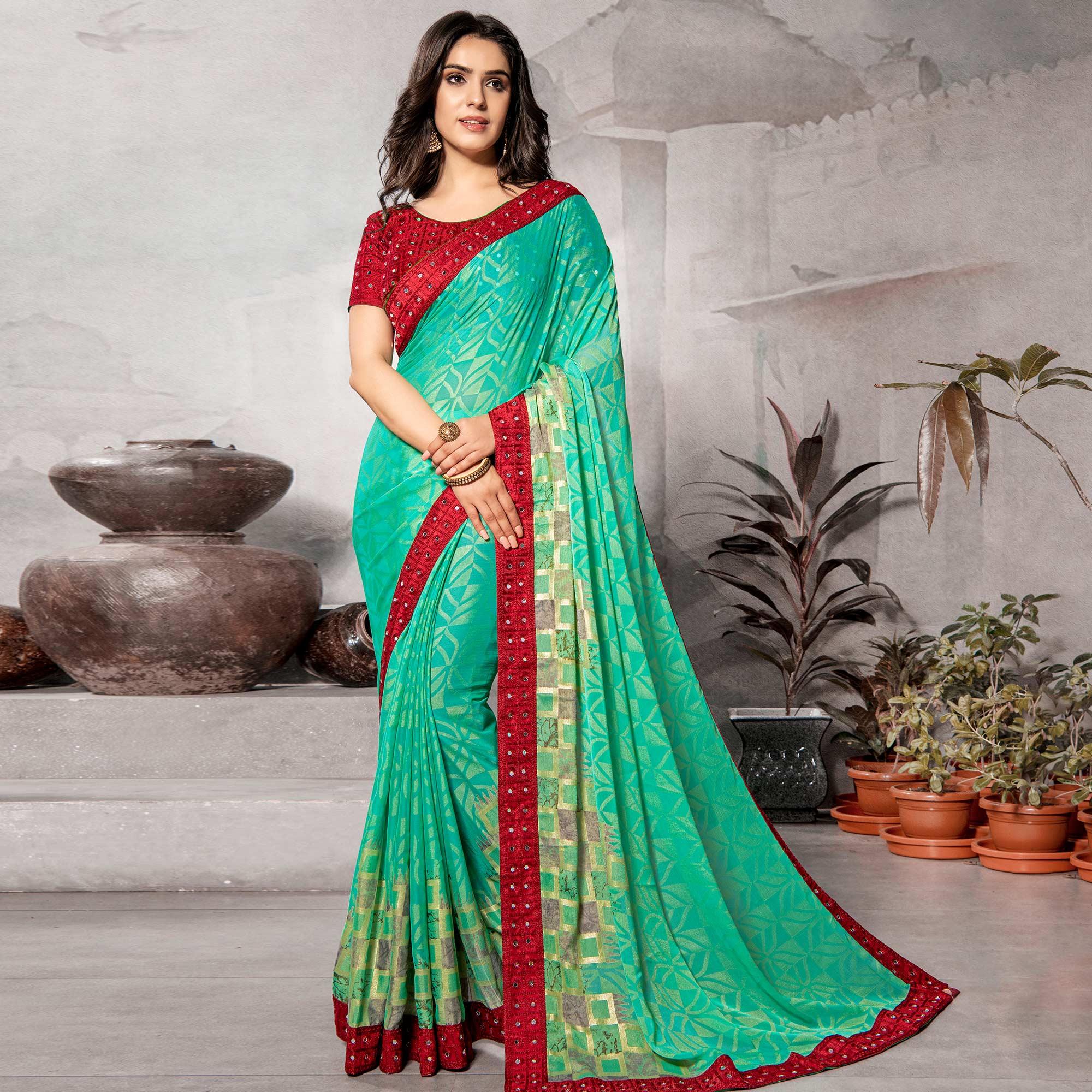 Ethnic Turquoise Blue Colored Partywear Embroidered Chiffon Brasso Saree - Peachmode