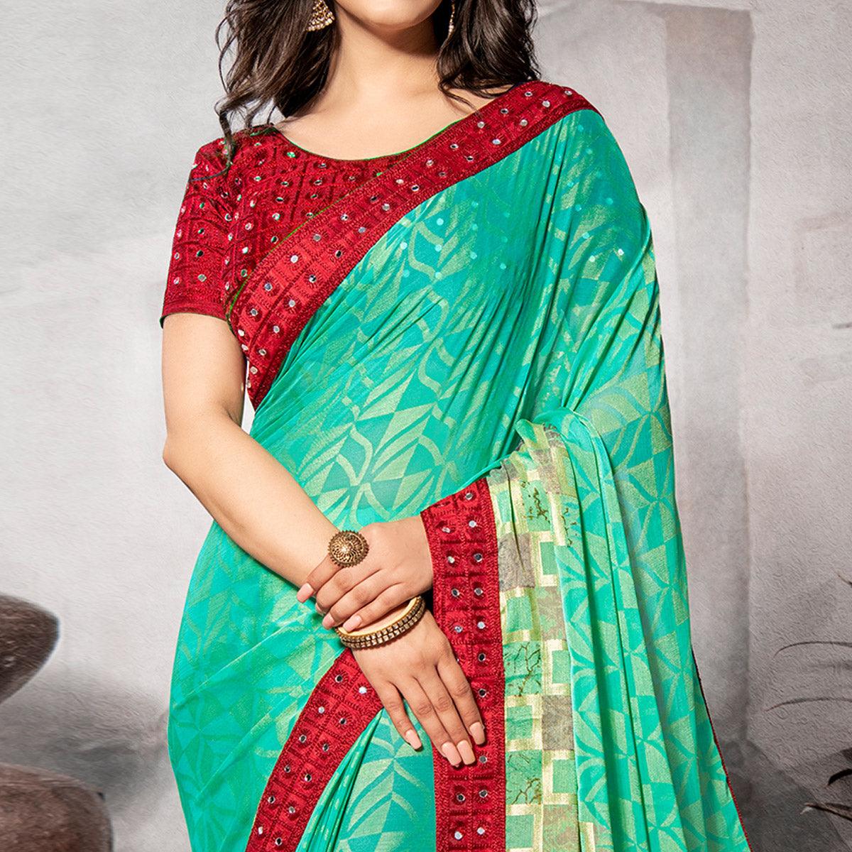 Ethnic Turquoise Blue Colored Partywear Embroidered Chiffon Brasso Saree - Peachmode