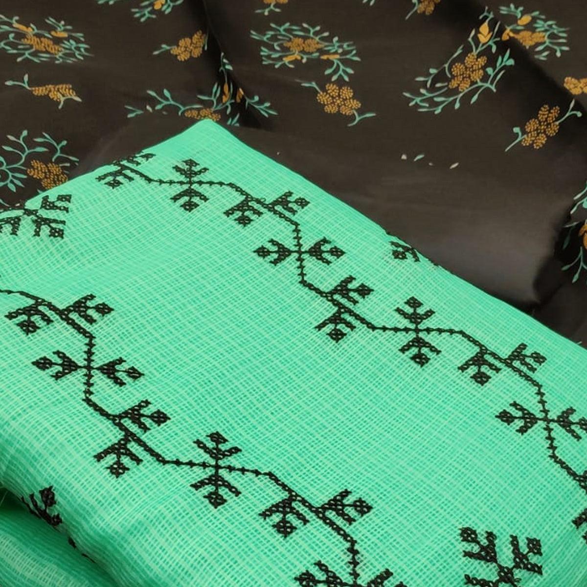 Ethnic Turquoise Green Colored Casual Wear Embroidered Kota Silk Dress Material - Peachmode