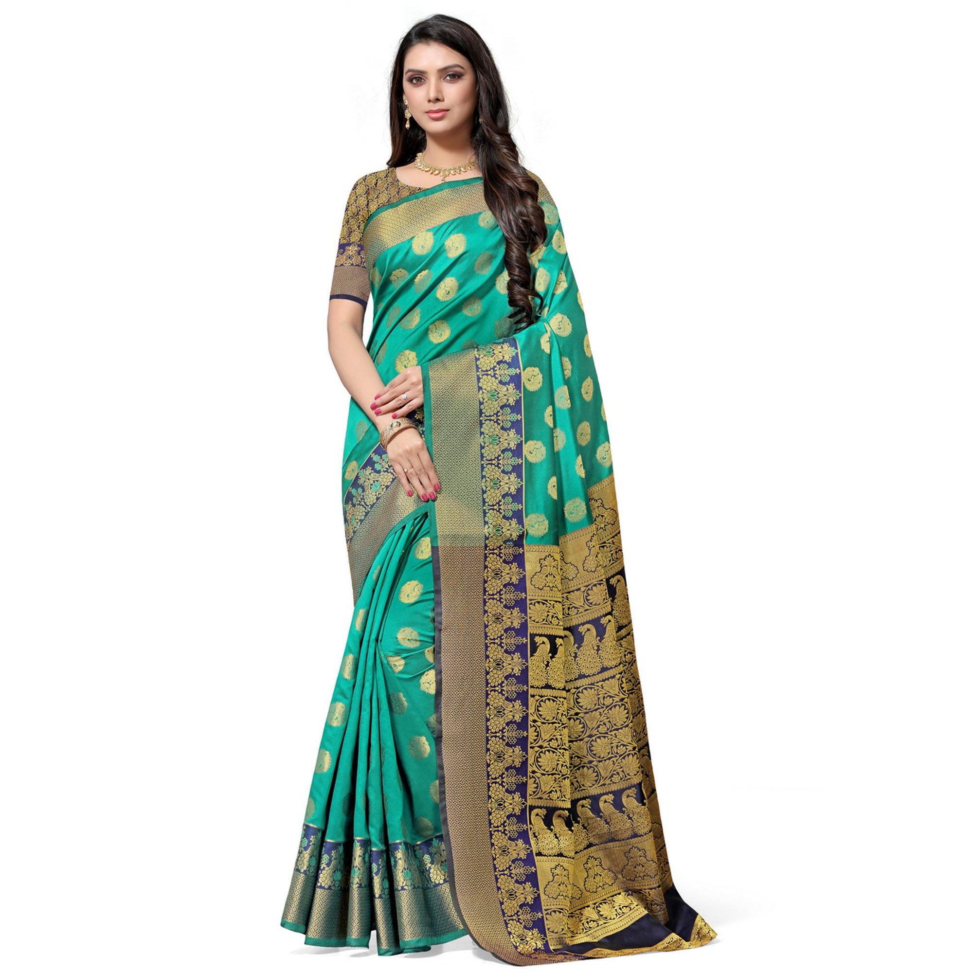 Ethnic Turquoise Green Colored Festive Wear Woven Kota Art Silk Banarasi Saree - Peachmode