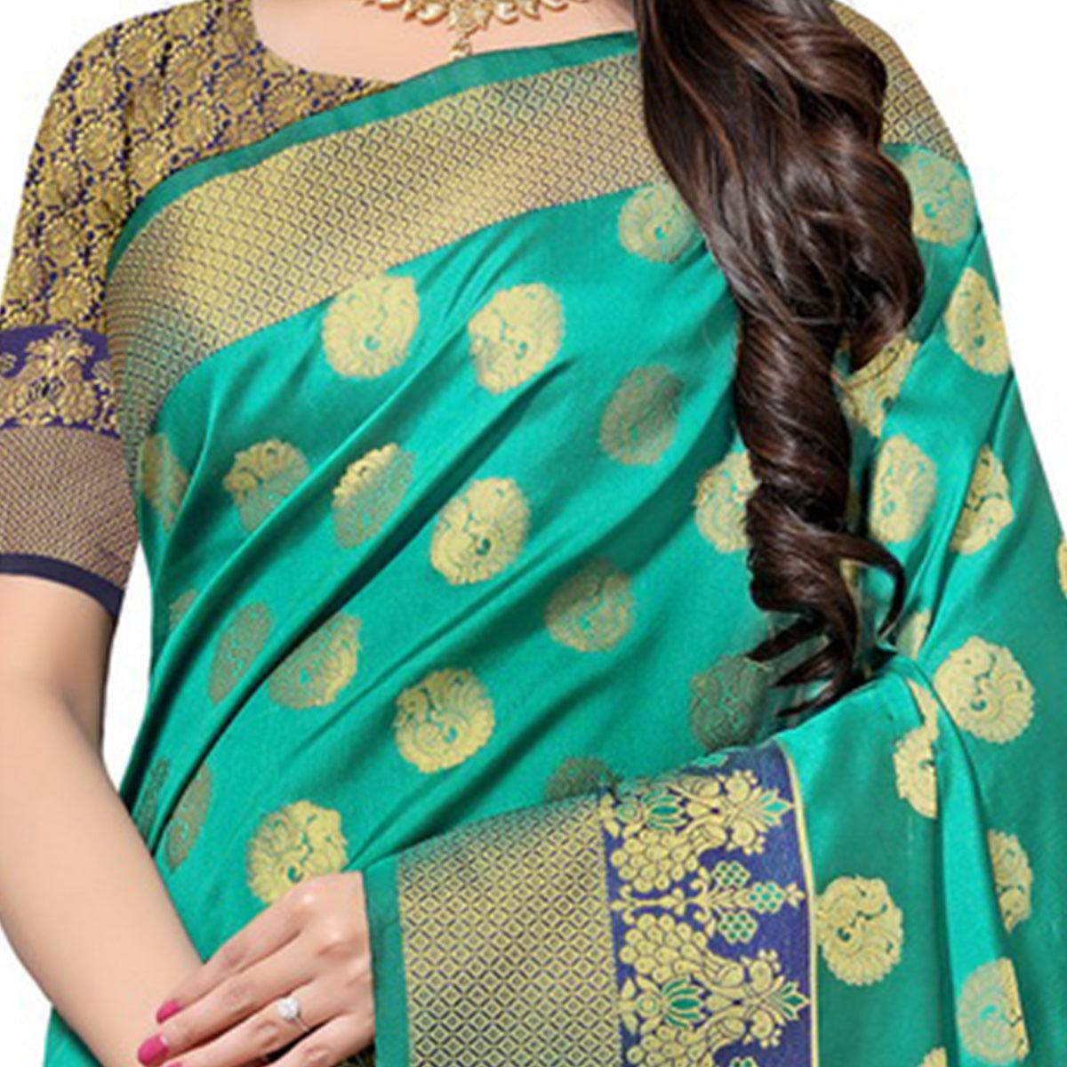 Ethnic Turquoise Green Colored Festive Wear Woven Kota Art Silk Banarasi Saree - Peachmode