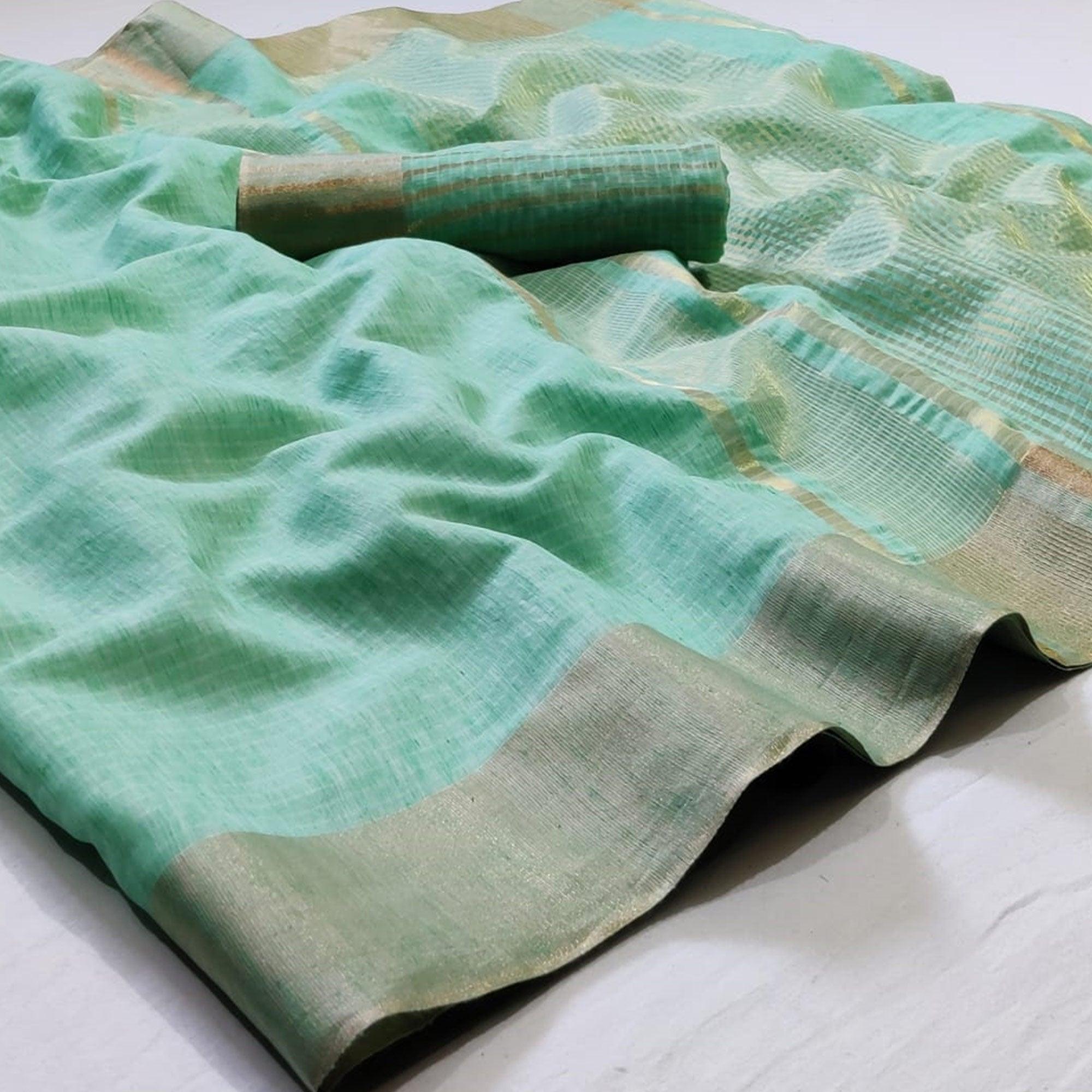 Ethnic Turquoise Green Colored Festive Wear Woven Linen Saree - Peachmode