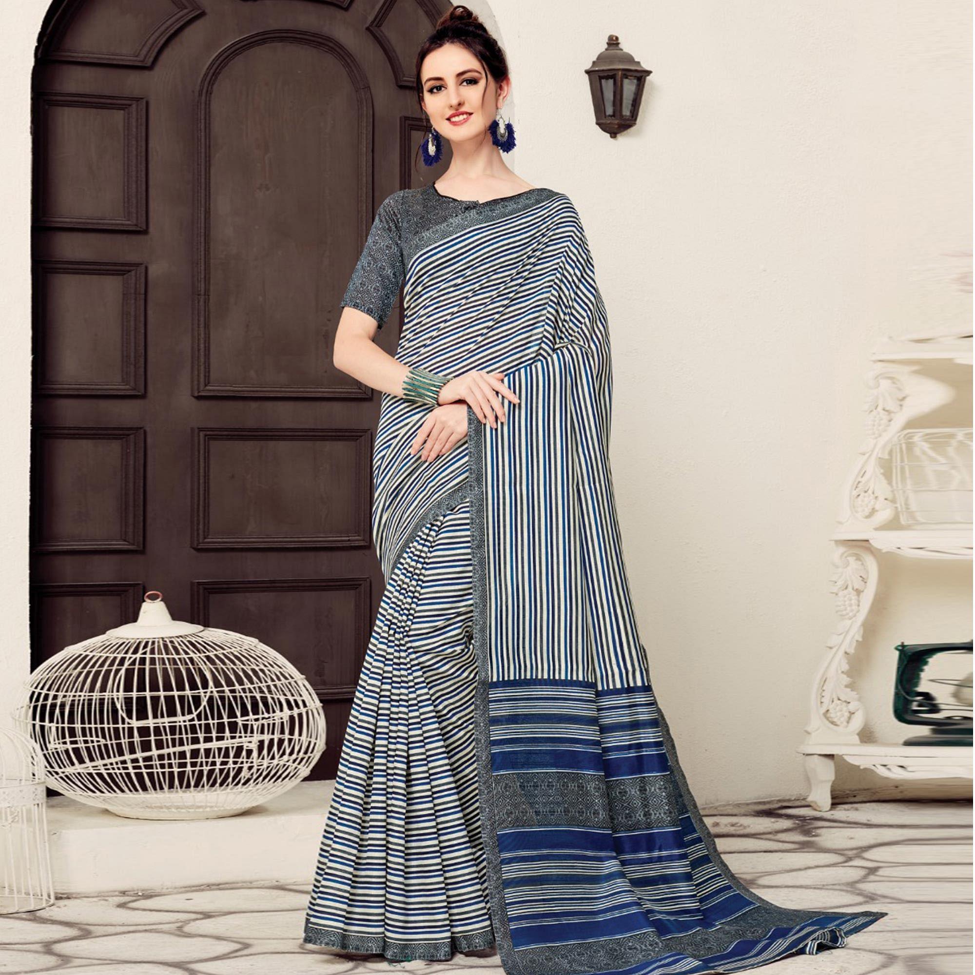 Ethnic White-Navy Blue Colored Casual Printed Bhagalpuri Silk Saree - Peachmode