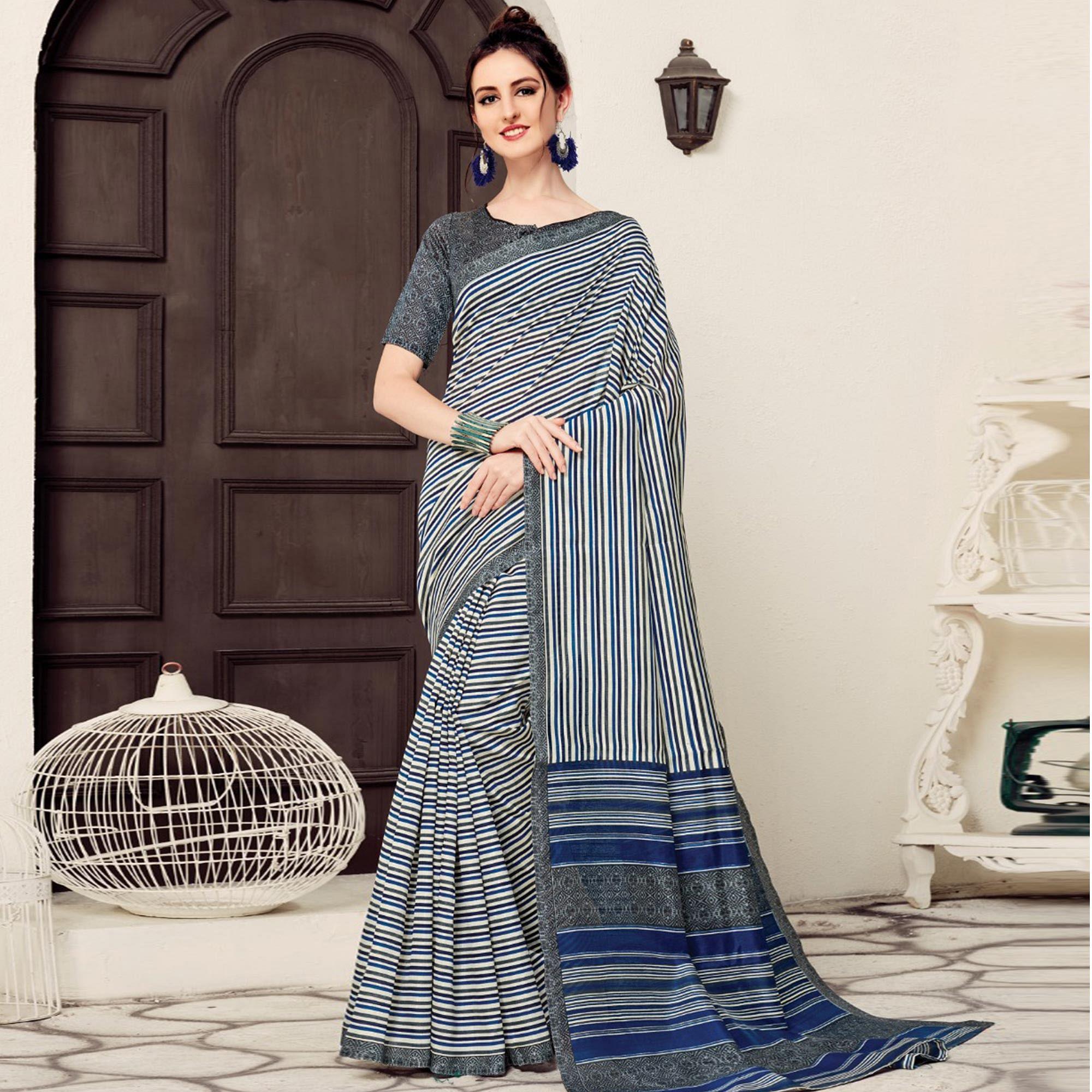 Ethnic White-Navy Blue Colored Casual Printed Bhagalpuri Silk Saree - Peachmode
