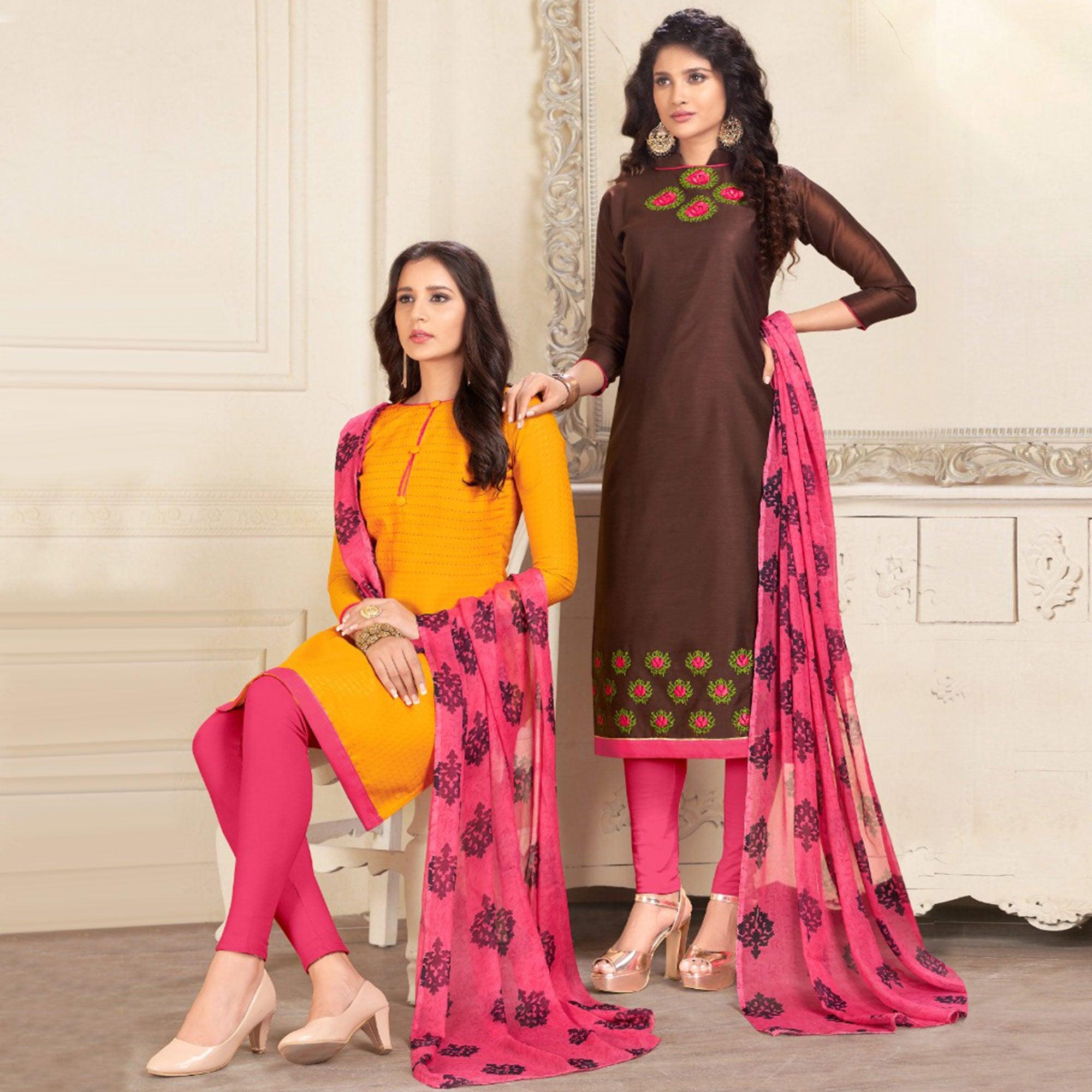 Ethnic Yellow And Dark Brown Colored Dual Top Chanderi - Cotton Dress Material - Peachmode