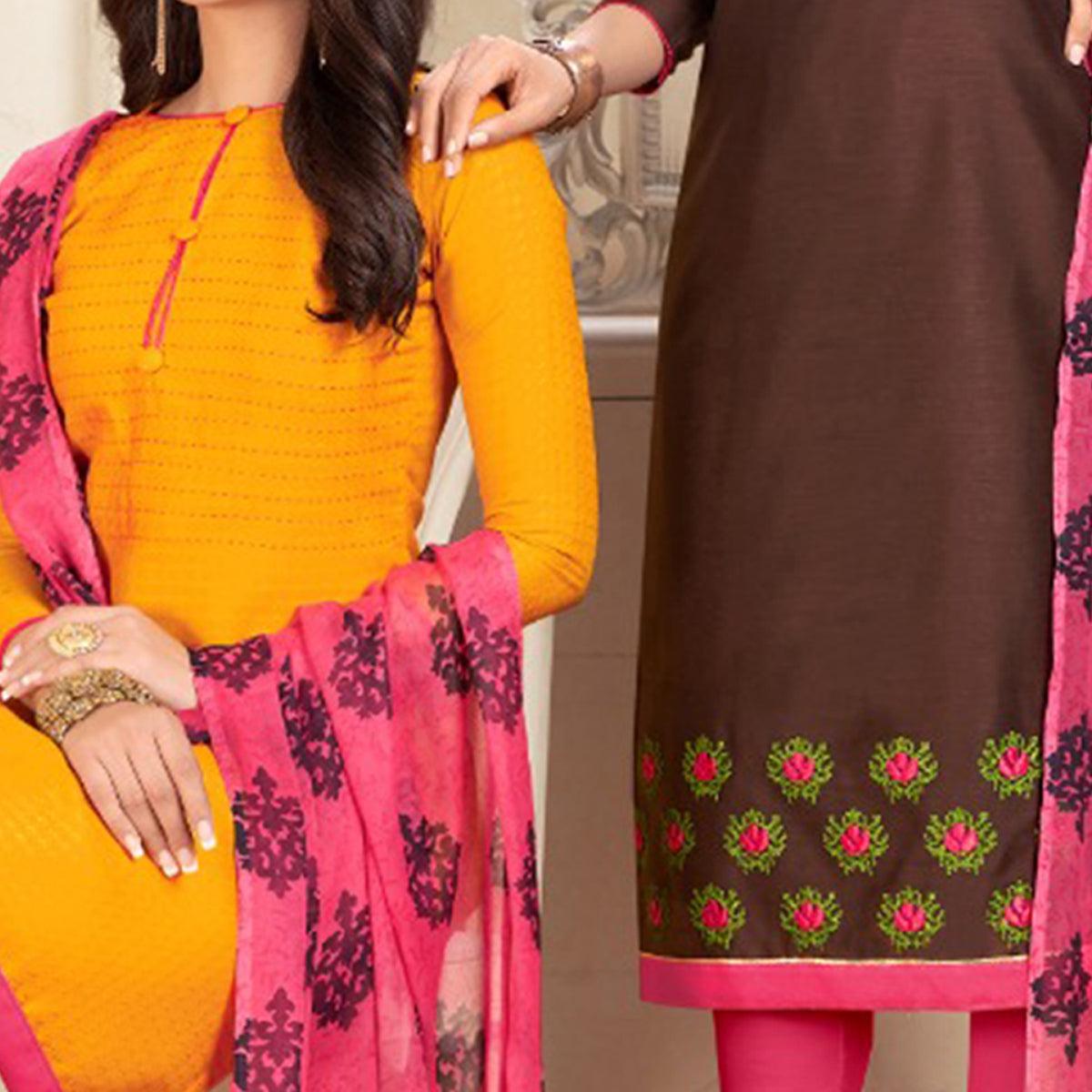 Ethnic Yellow And Dark Brown Colored Dual Top Chanderi - Cotton Dress Material - Peachmode