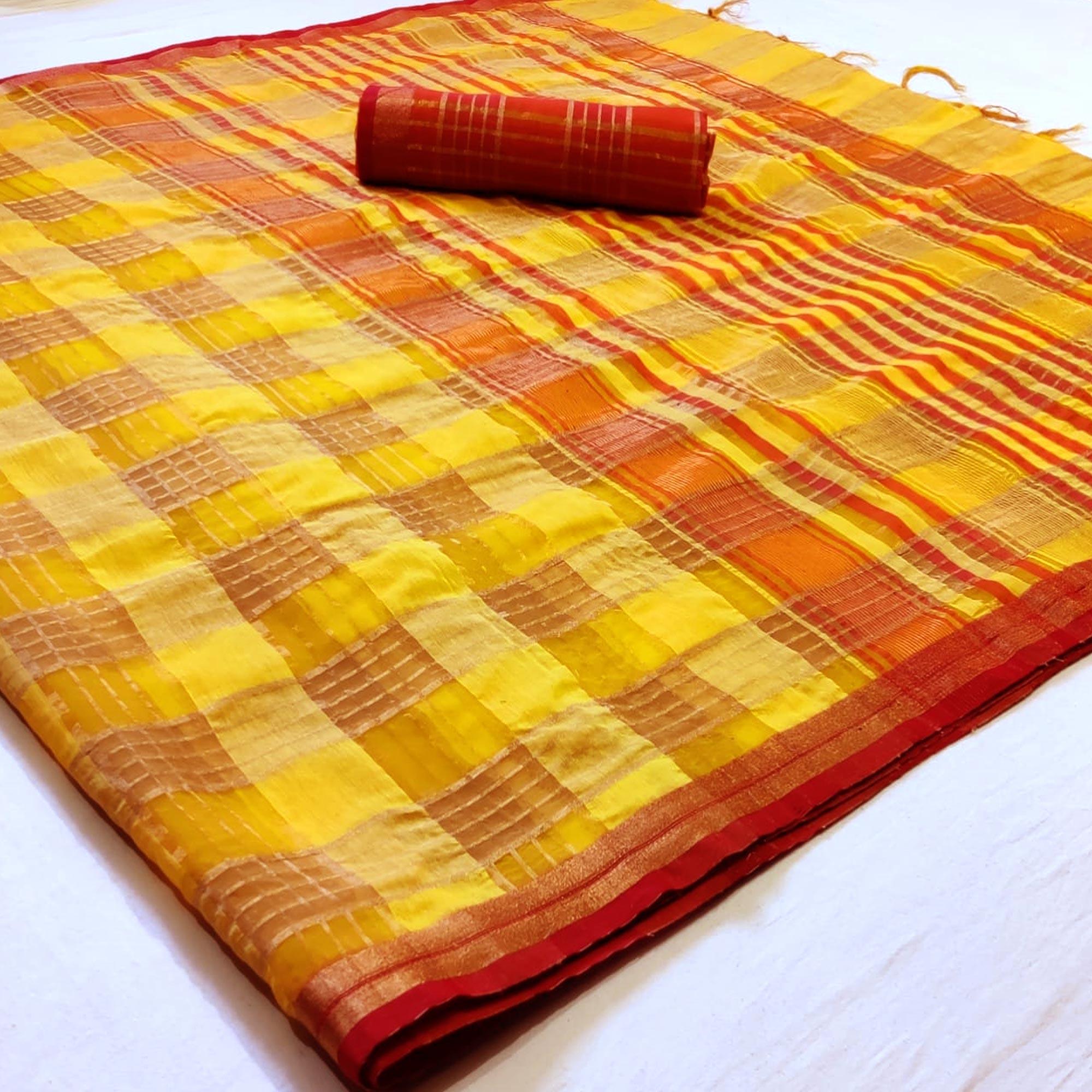 Ethnic Yellow Colored Festive Wear Woven Linen Saree - Peachmode
