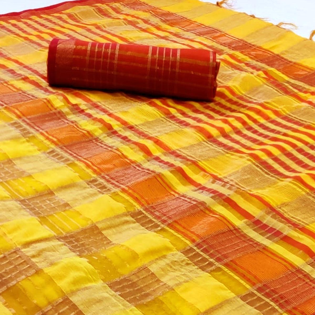 Ethnic Yellow Colored Festive Wear Woven Linen Saree - Peachmode