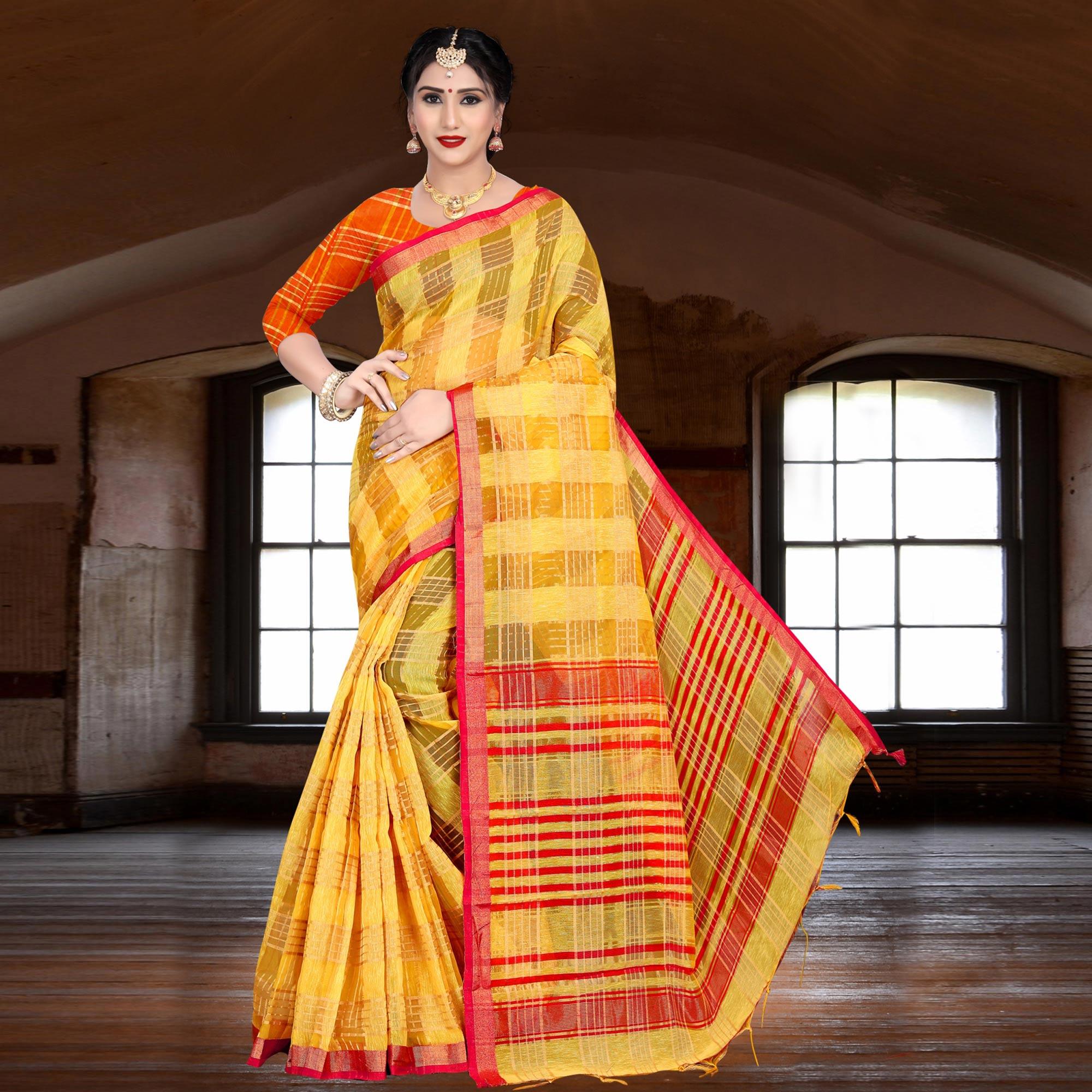 Ethnic Yellow Colored Festive Wear Woven Linen Saree - Peachmode