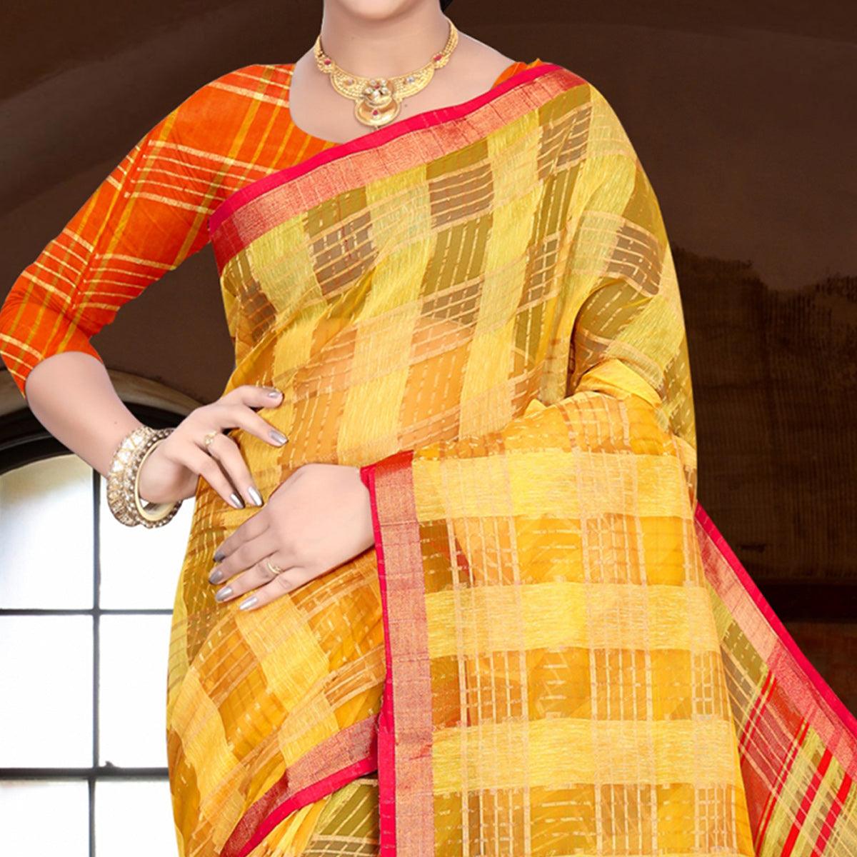 Ethnic Yellow Colored Festive Wear Woven Linen Saree - Peachmode