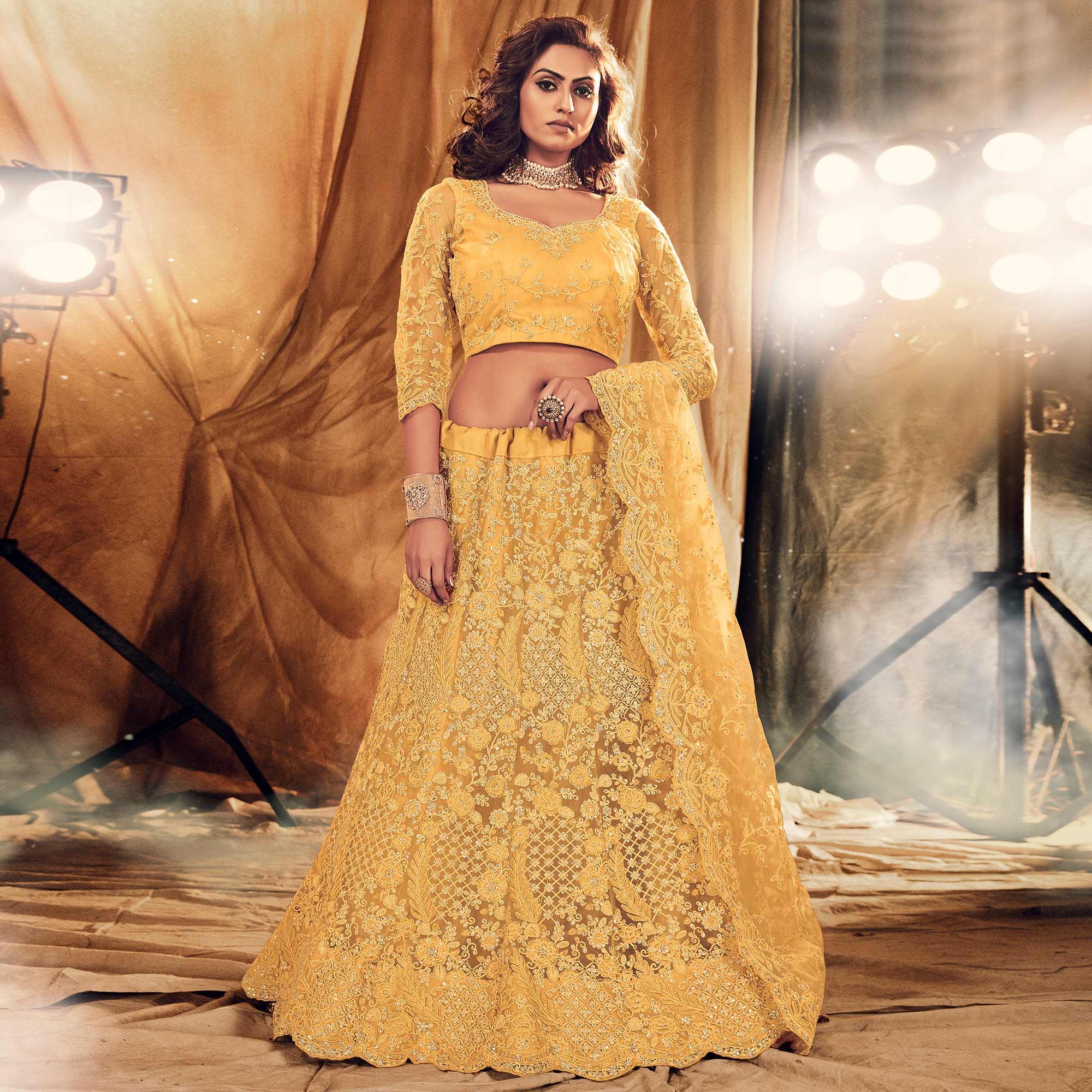 Ethnic Yellow Colored Wedding Wear Embroidered Net Lehenga Choli - Peachmode
