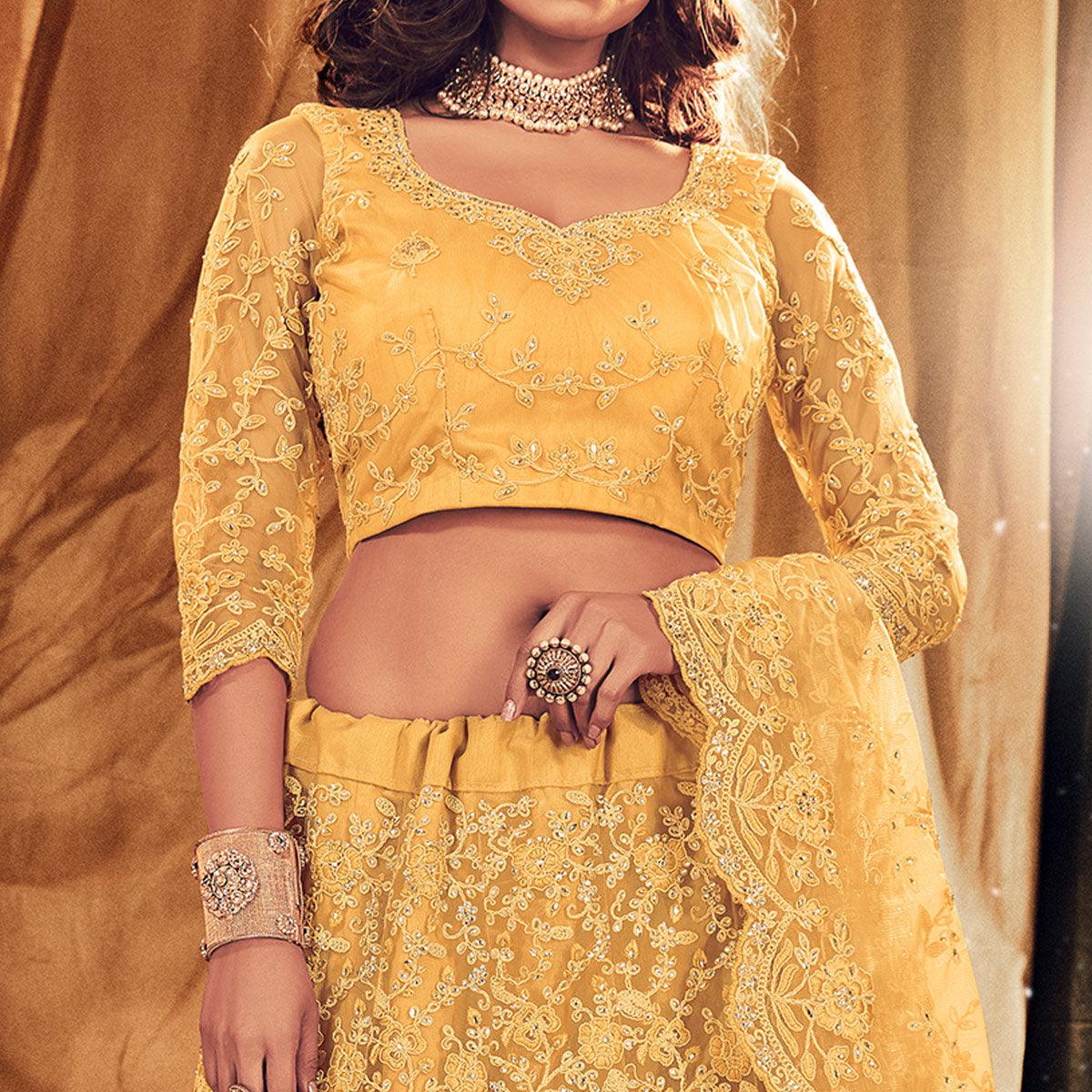 Ethnic Yellow Colored Wedding Wear Embroidered Net Lehenga Choli - Peachmode