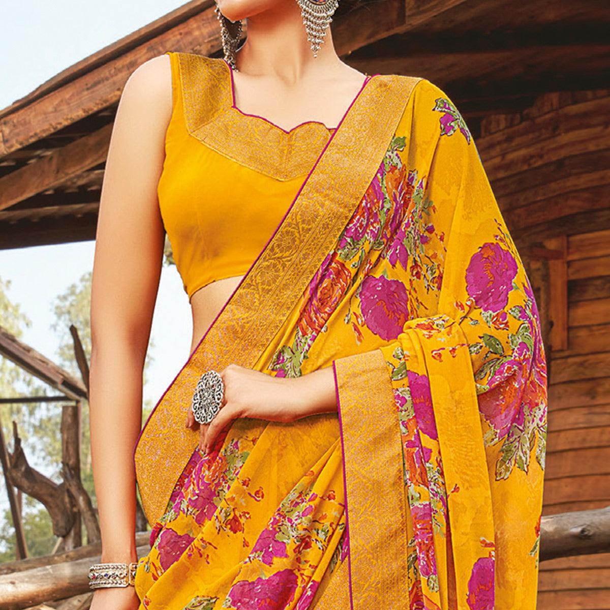 Ethnic Yellow Coloured Partywear Pure Georgette Floral Printed Saree With Fancy Lace Border - Peachmode