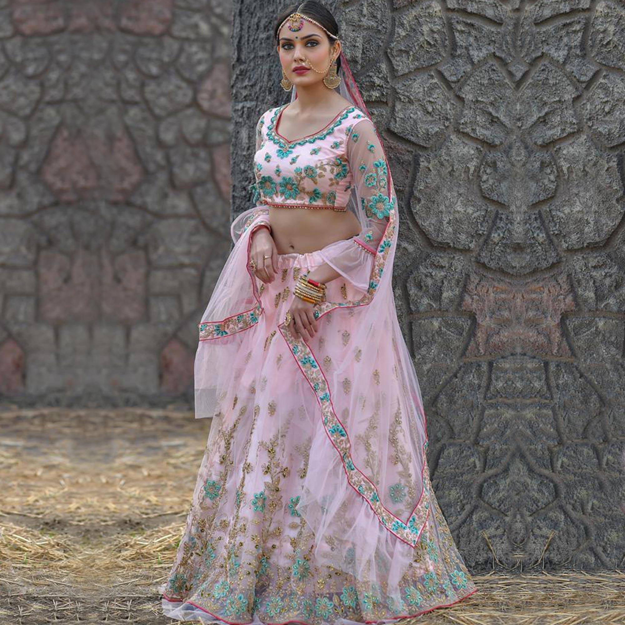 Excellent Baby Pink Colored Party Wear Embroidered Net Lehenga Choli - Peachmode