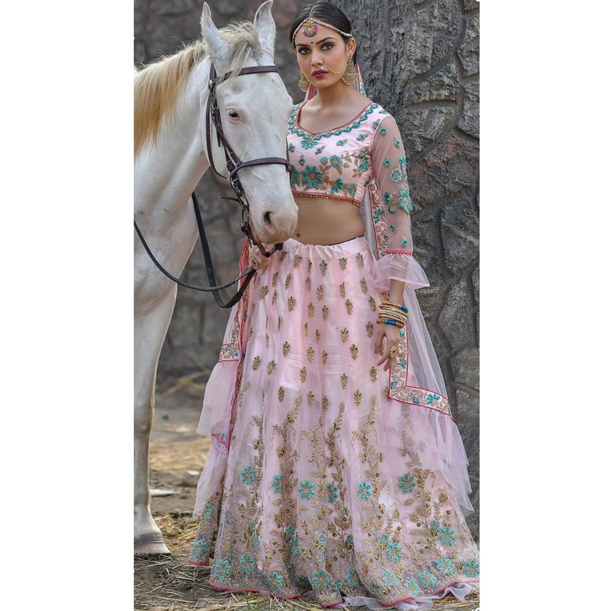 Excellent Baby Pink Colored Party Wear Embroidered Net Lehenga Choli - Peachmode