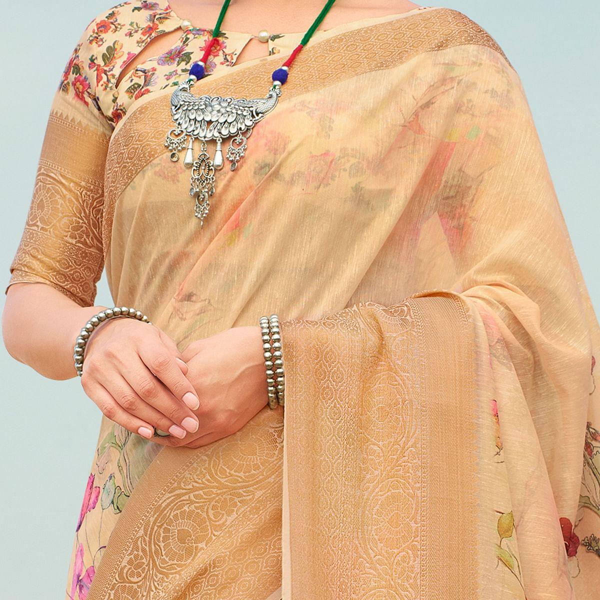 Excellent Beige Colored Festive Wear Digital Floral Printed Linen Saree - Peachmode