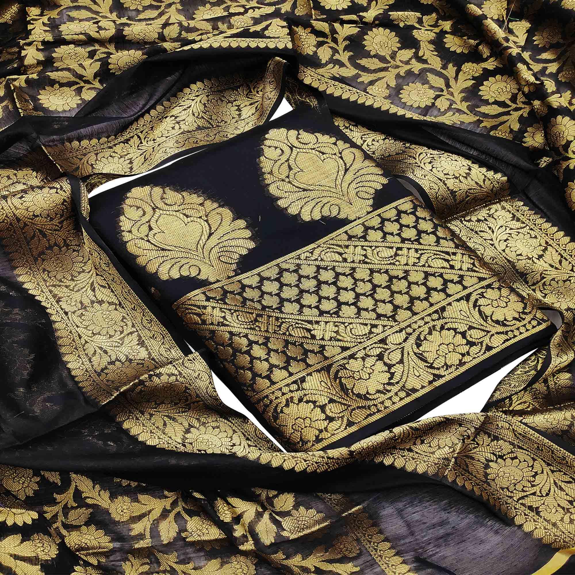 Excellent Black Colored Festive Wear Woven Banarasi Silk Dress Material - Peachmode