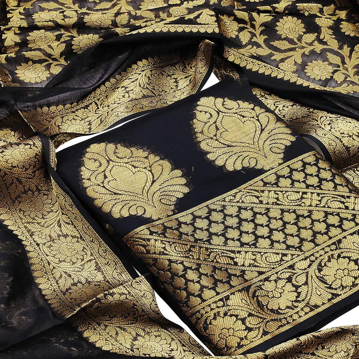 Excellent Black Colored Festive Wear Woven Banarasi Silk Dress Material - Peachmode