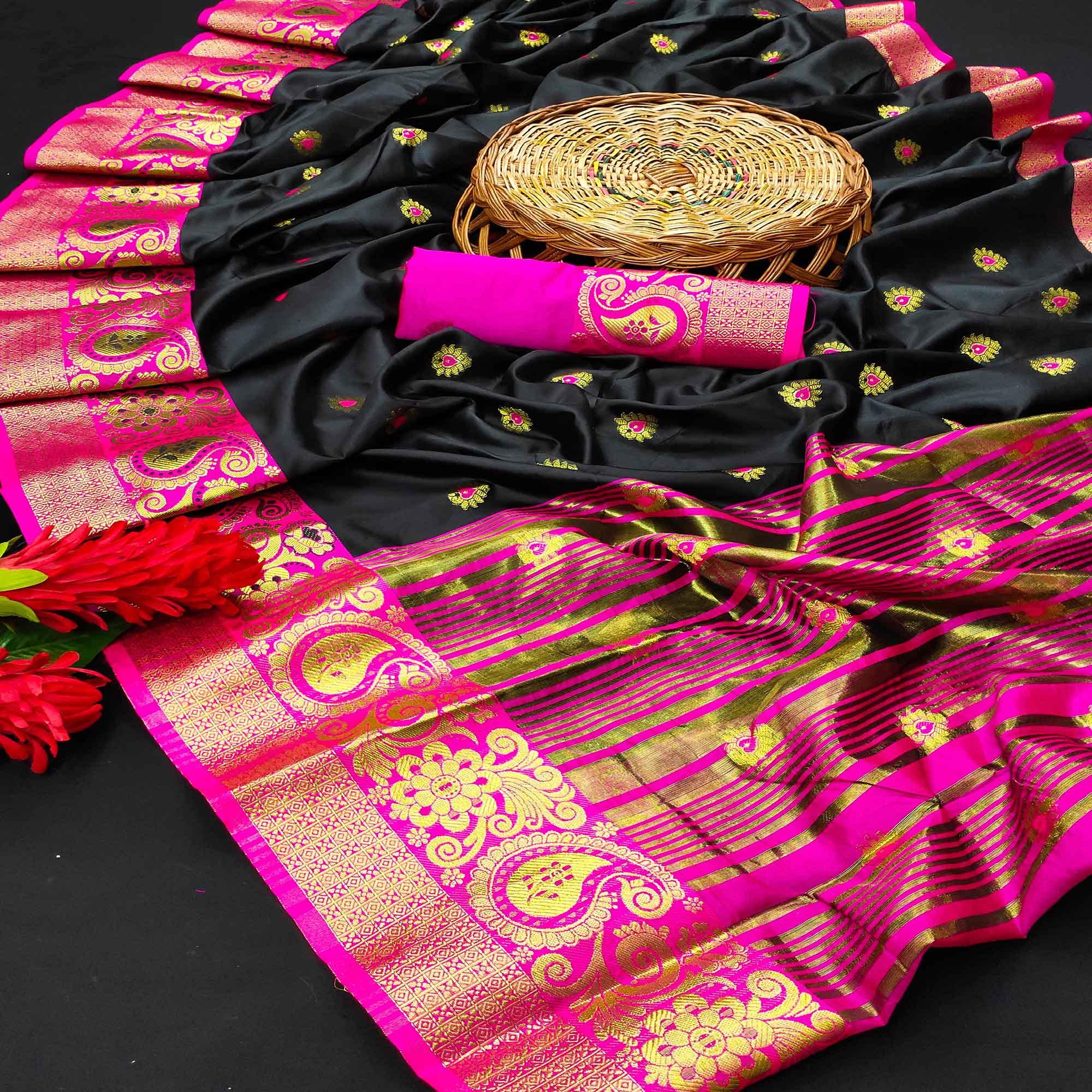 Excellent Black Colored Festive Wear Woven Kanjivaram Silk Saree - Peachmode