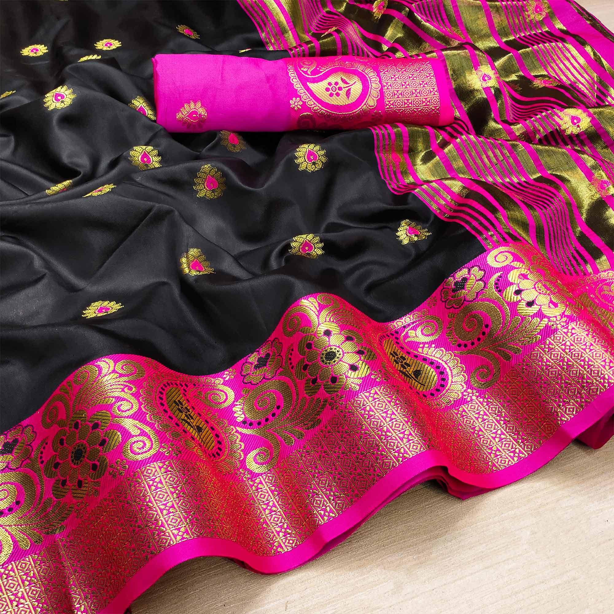Excellent Black Colored Festive Wear Woven Kanjivaram Silk Saree - Peachmode