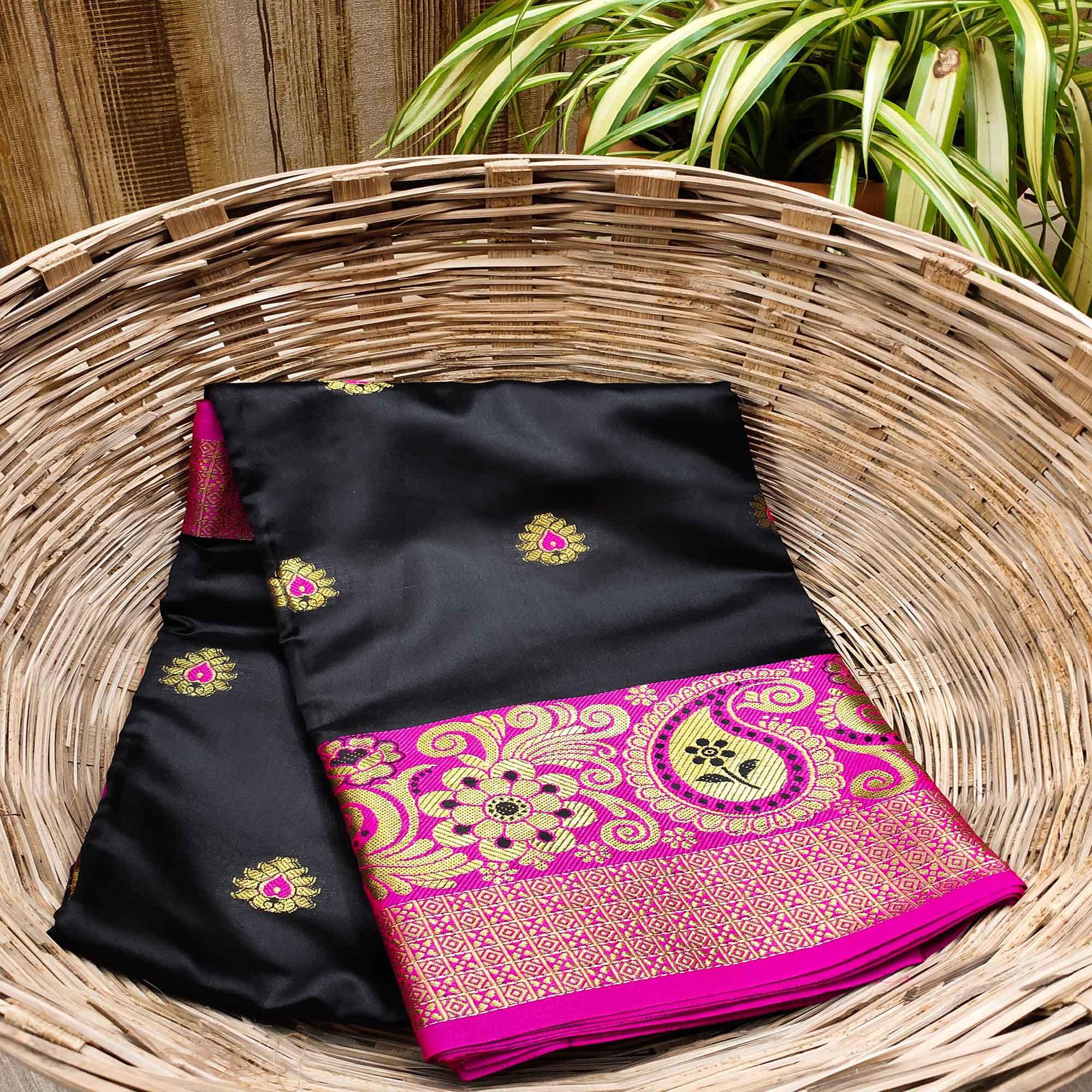 Excellent Black Colored Festive Wear Woven Kanjivaram Silk Saree - Peachmode