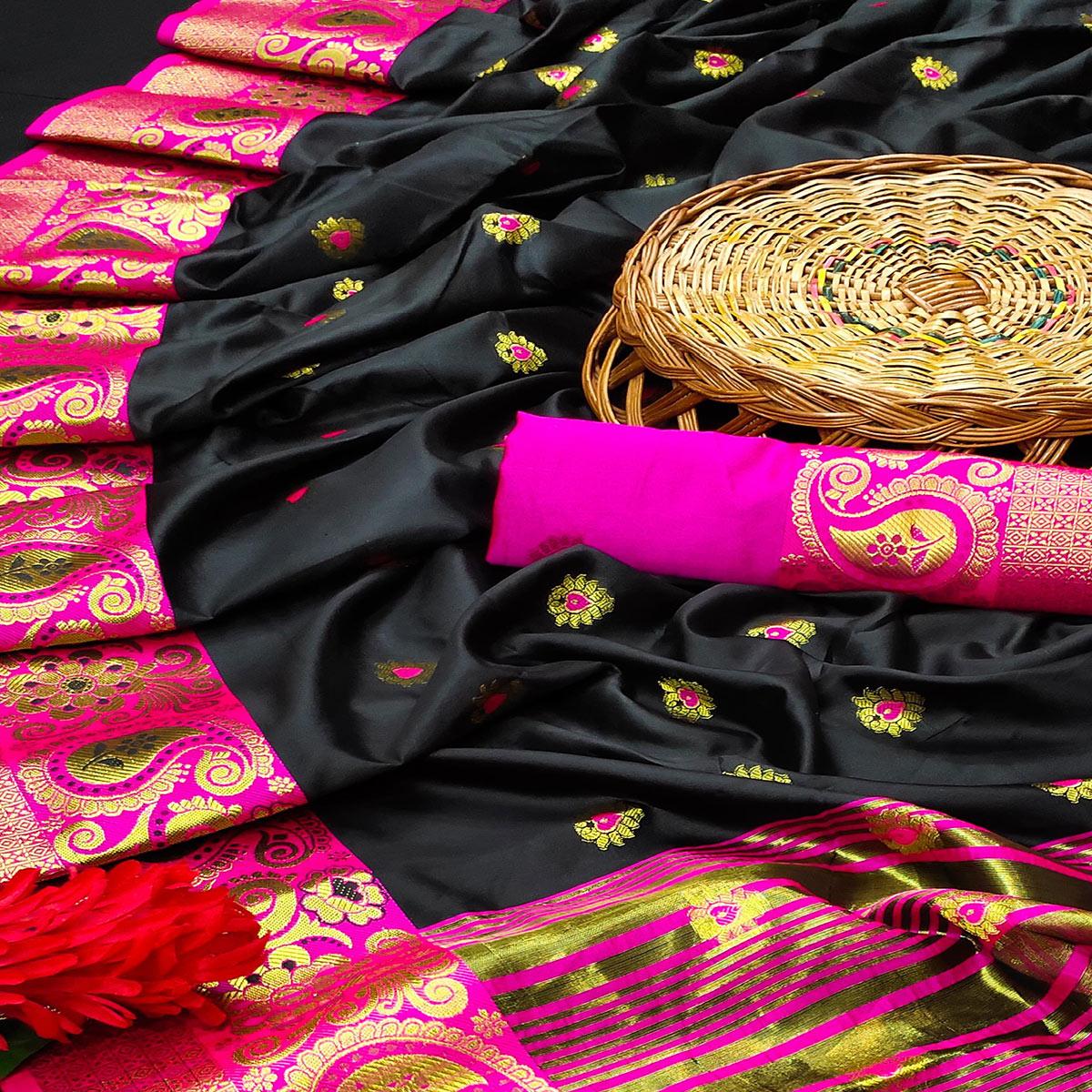 Excellent Black Colored Festive Wear Woven Kanjivaram Silk Saree - Peachmode