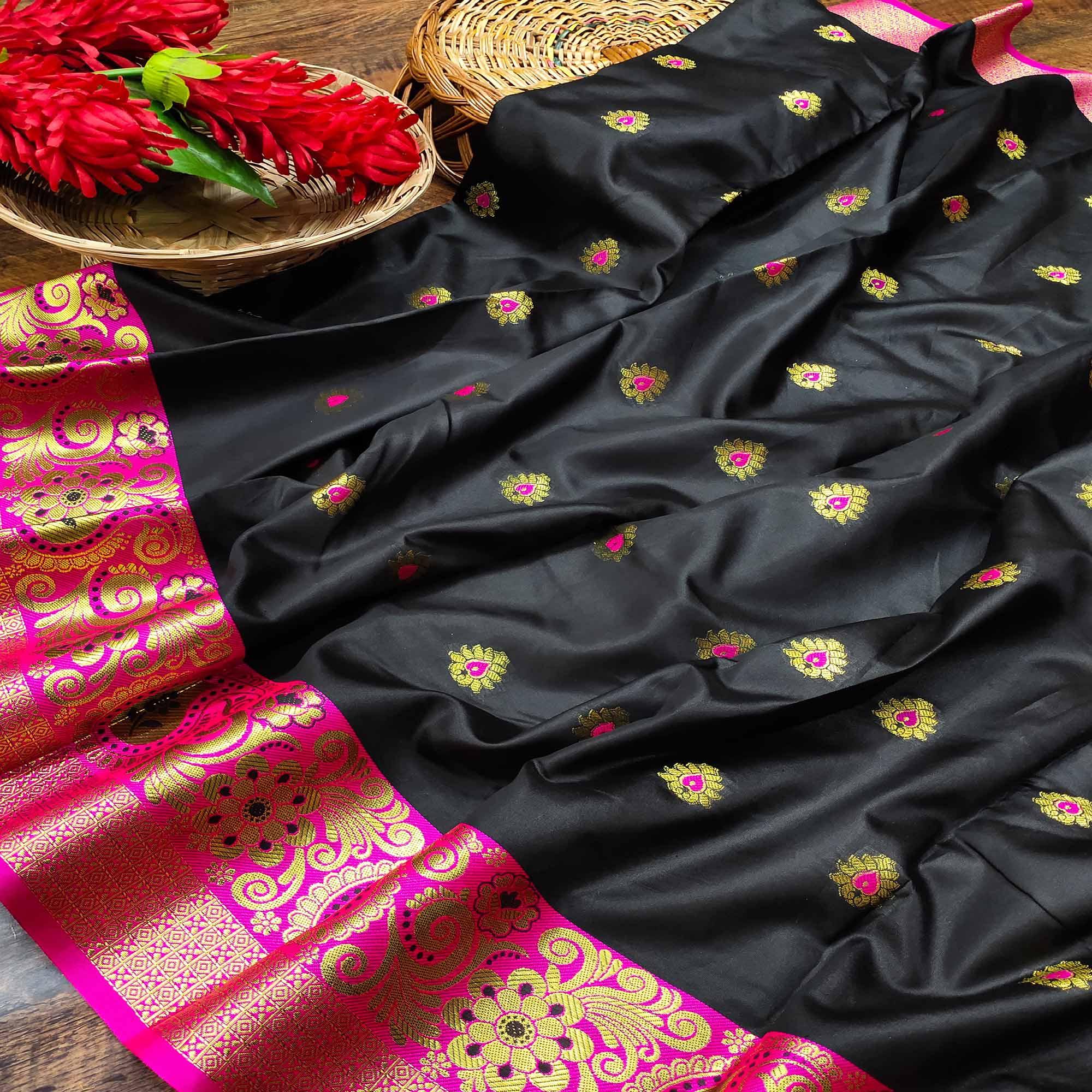 Excellent Black Colored Festive Wear Woven Kanjivaram Silk Saree - Peachmode