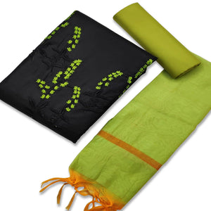 Excellent Black-Green Colored Casual Wear Embroidered Cotton Dress Material - Peachmode