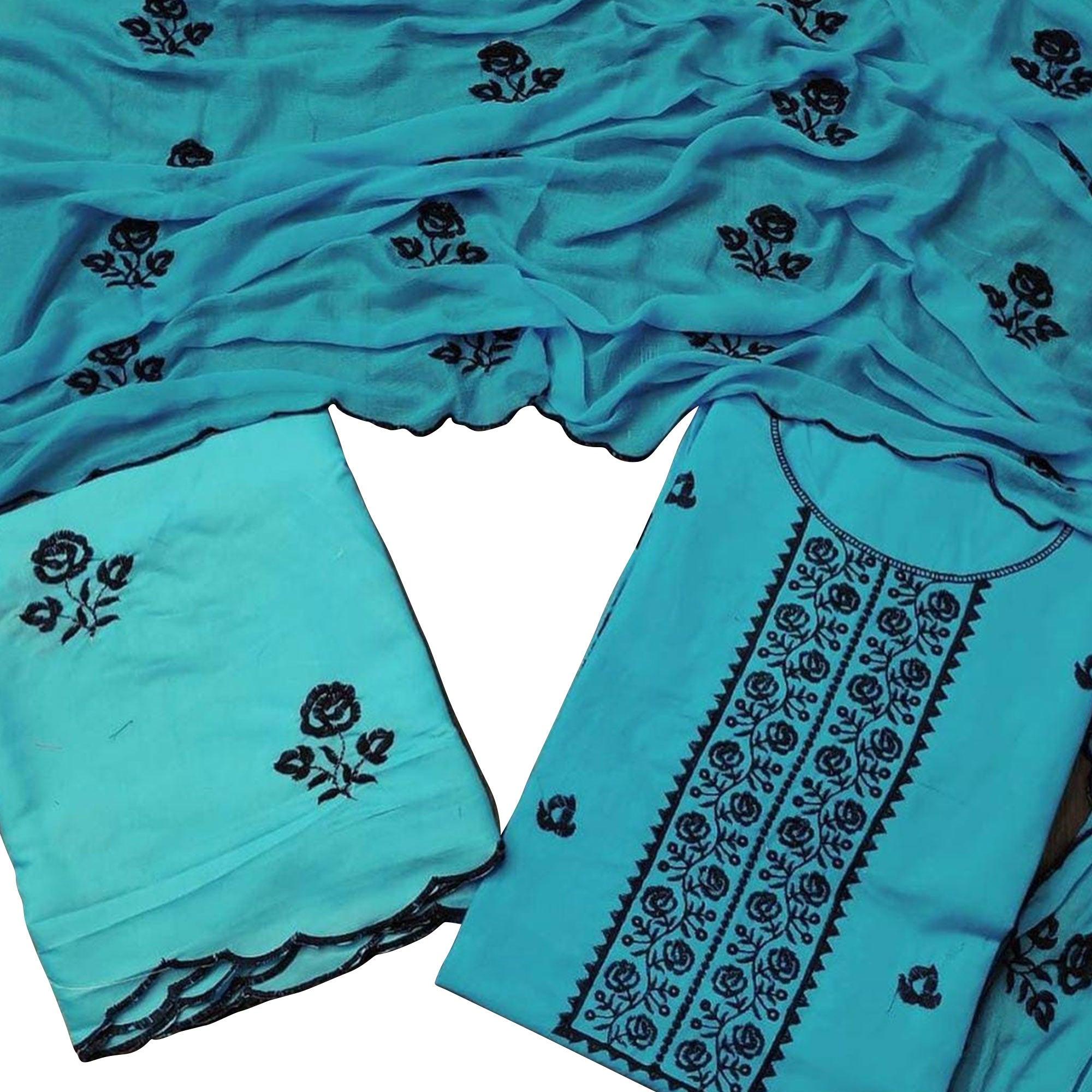 Excellent Blue Colored Casual Floral Embroidered Cotton Dress Material - Peachmode