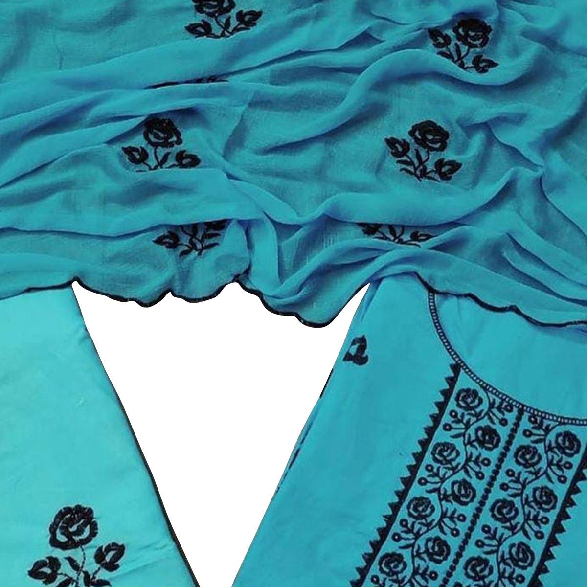 Excellent Blue Colored Casual Floral Embroidered Cotton Dress Material - Peachmode
