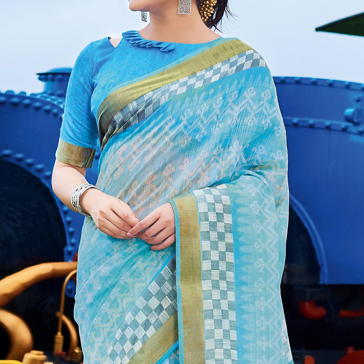 Excellent Blue Colored Casual Wear Printed Cotton Saree - Peachmode