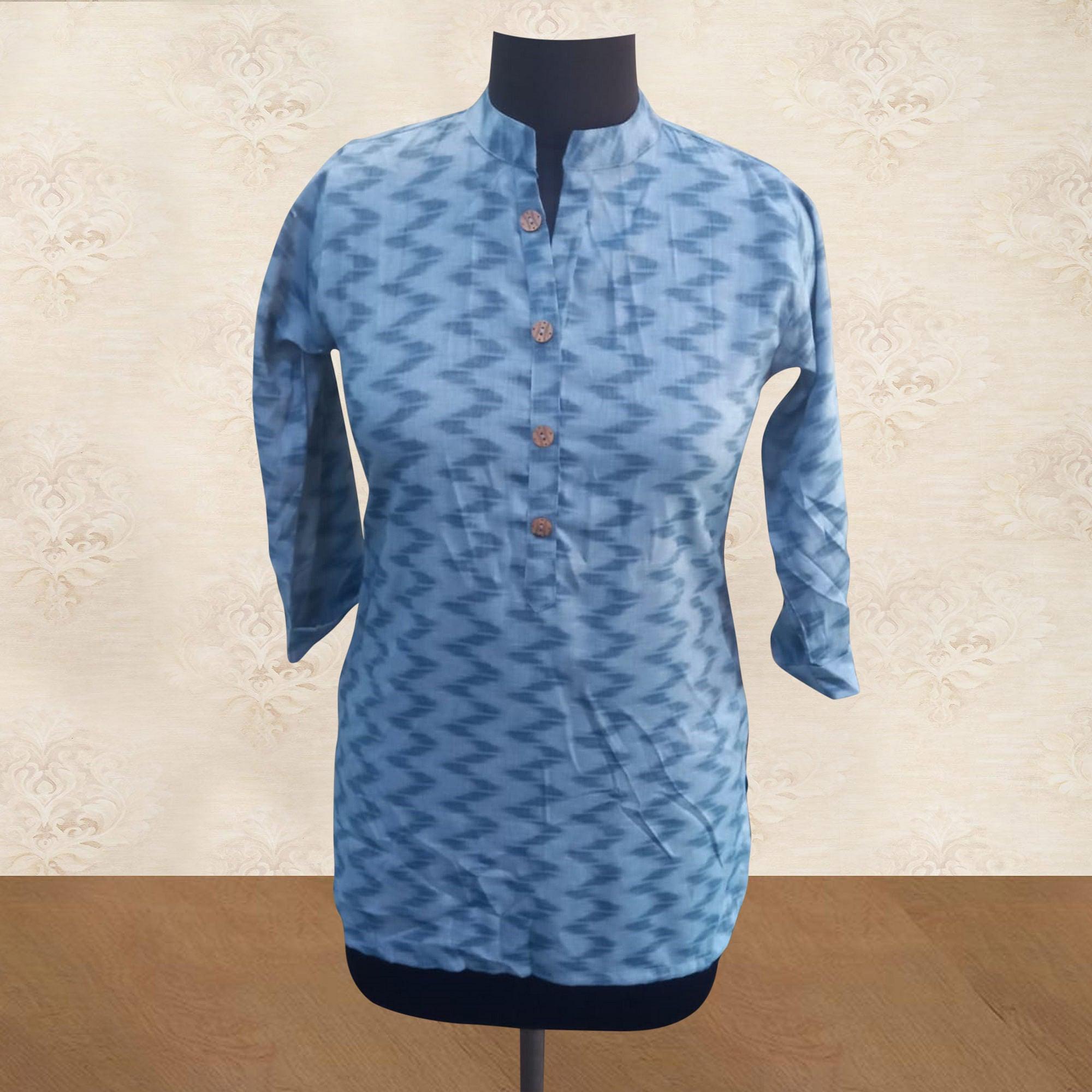 Excellent Blue Colored Casual Wear Printed Rayon Top - Peachmode