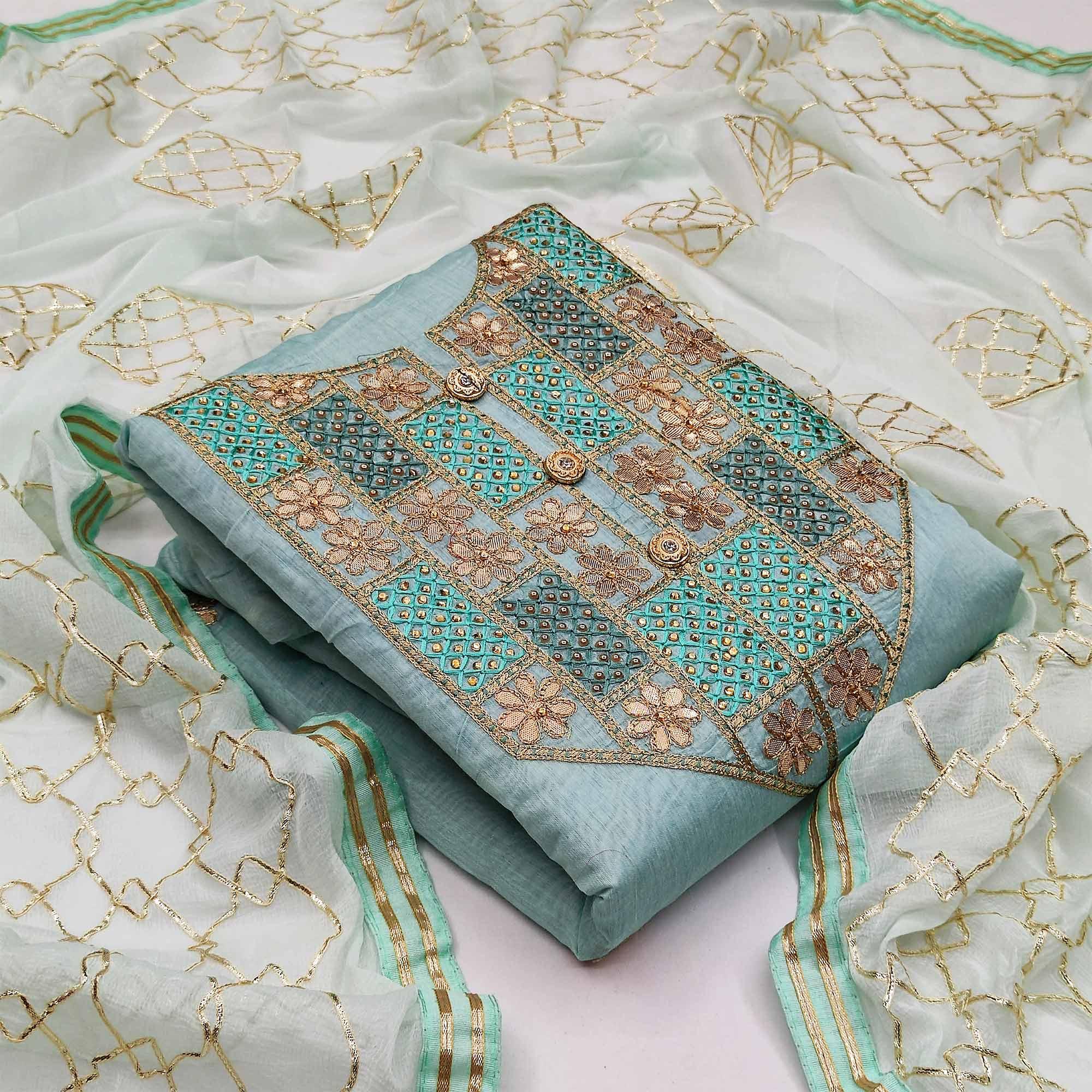 Excellent Blue Colored Festive Wear Embroidered Heavy Modal Silk Dress Material - Peachmode