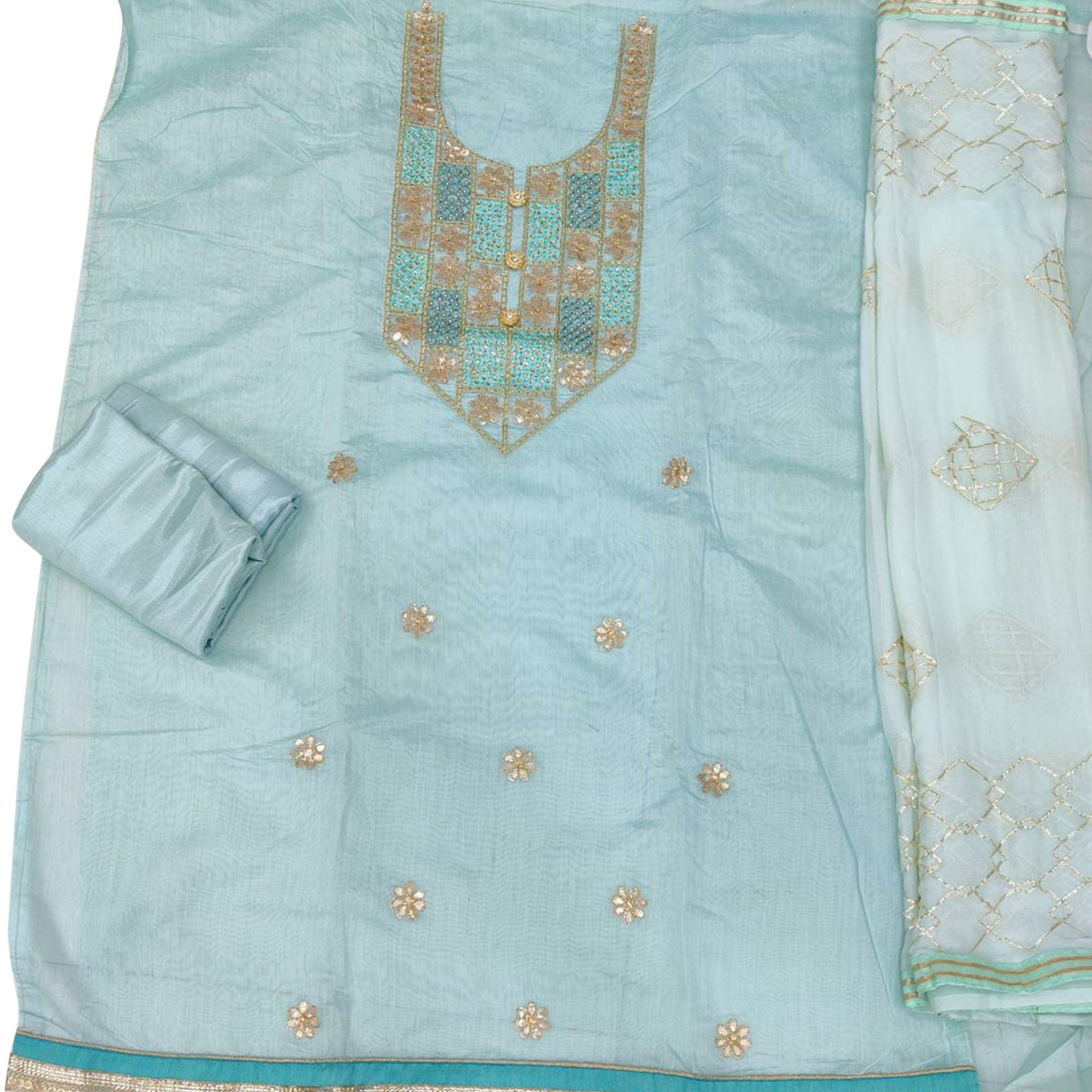 Excellent Blue Colored Festive Wear Embroidered Heavy Modal Silk Dress Material - Peachmode
