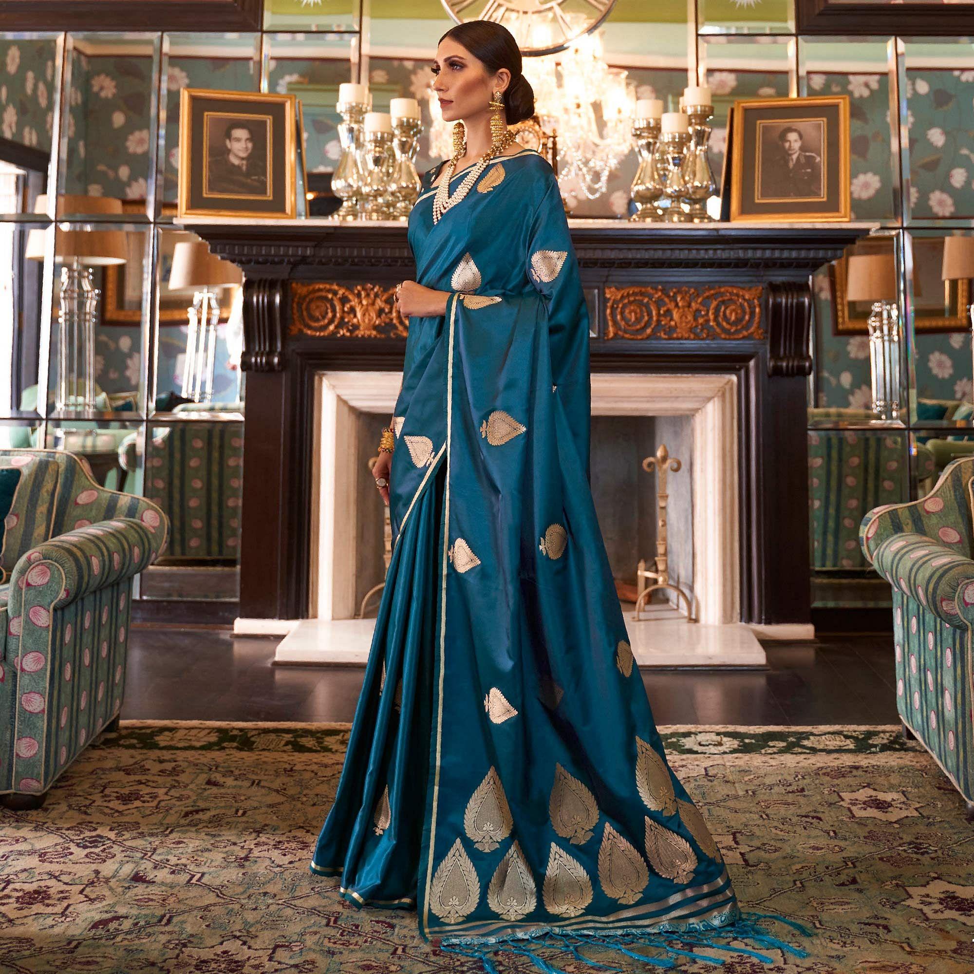 Excellent Blue Colored Festive Wear Woven Pure Satin Silk Saree - Peachmode