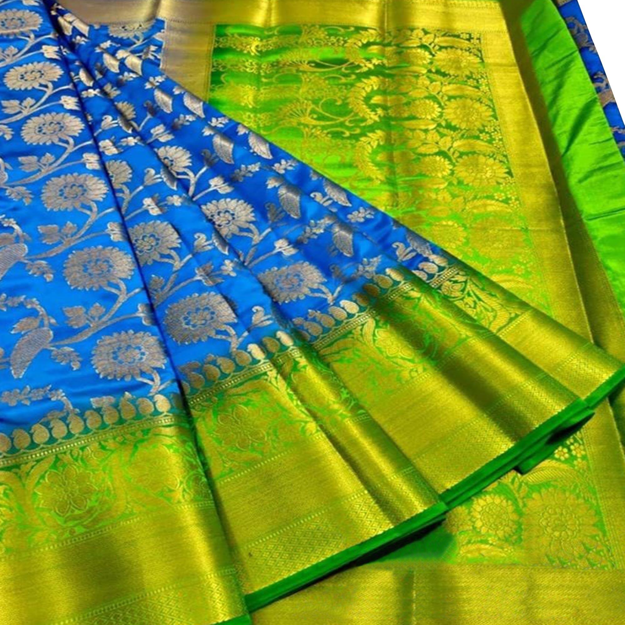 Excellent Blue Colored Festive Wear Woven Silk Blend Saree - Peachmode